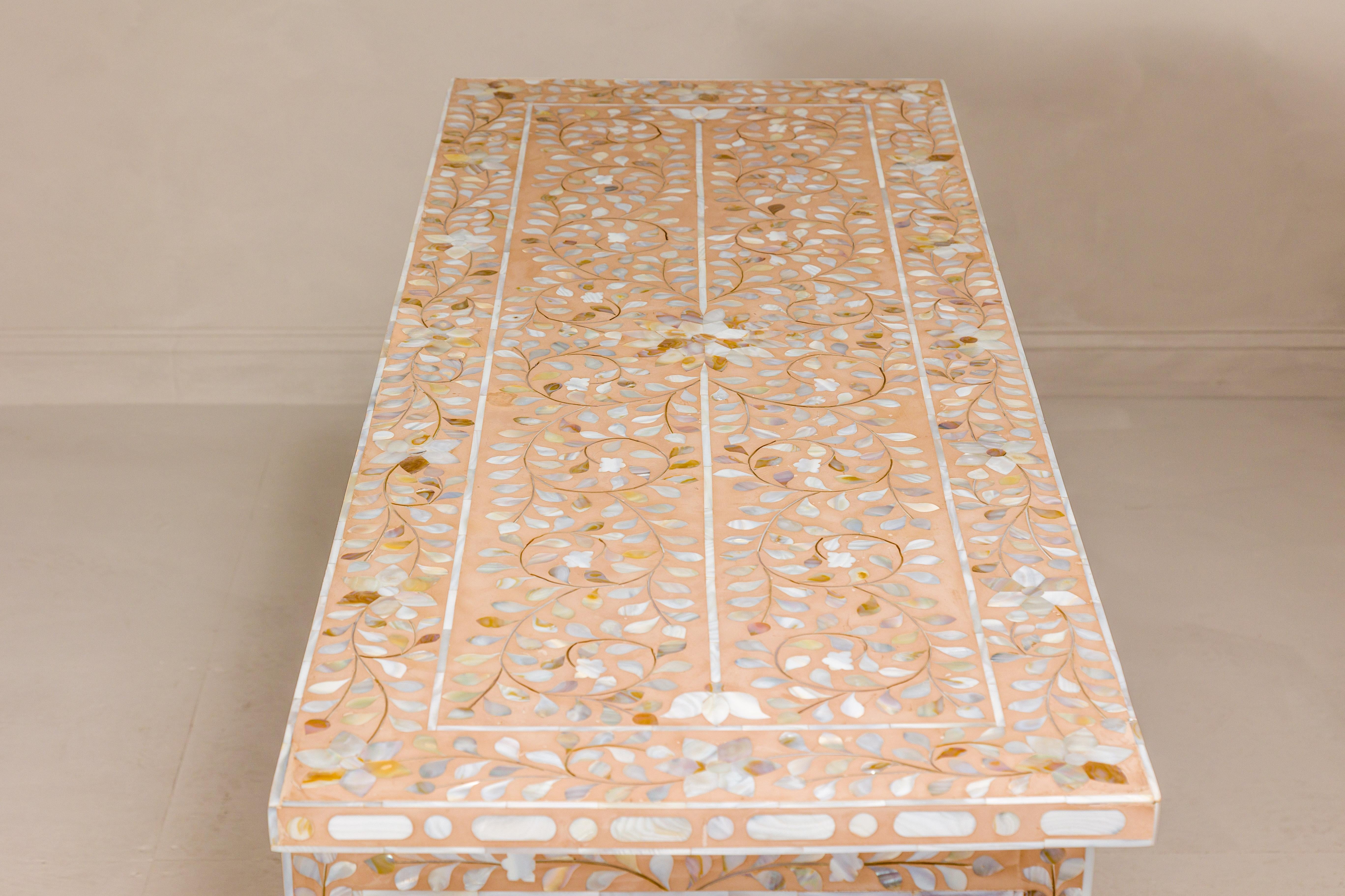 Anglo-Indian Style Soft Pink Dresser with Floral Themed Mother-of-Pearl Inlay For Sale 9