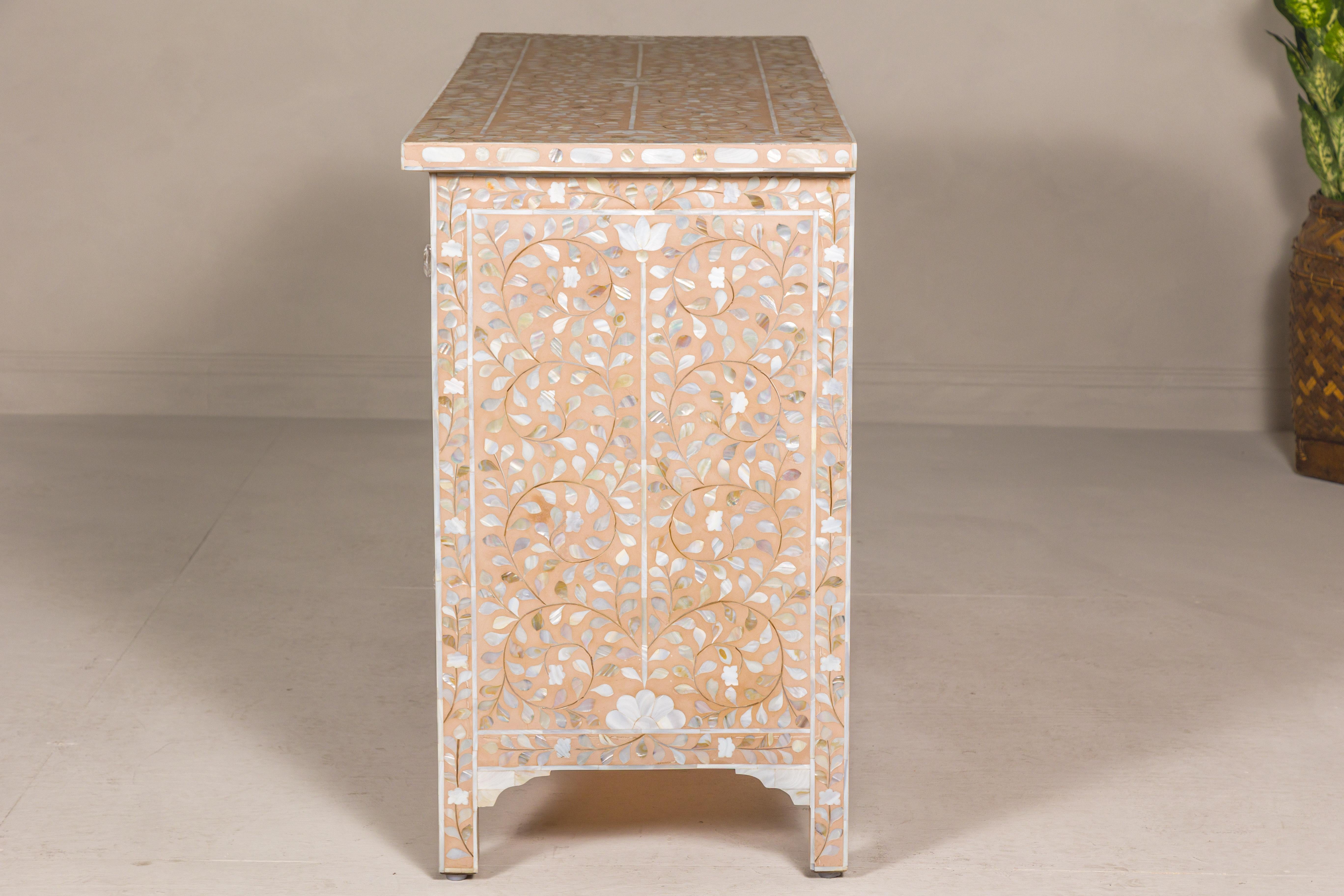 Anglo-Indian Style Soft Pink Dresser with Floral Themed Mother-of-Pearl Inlay For Sale 12