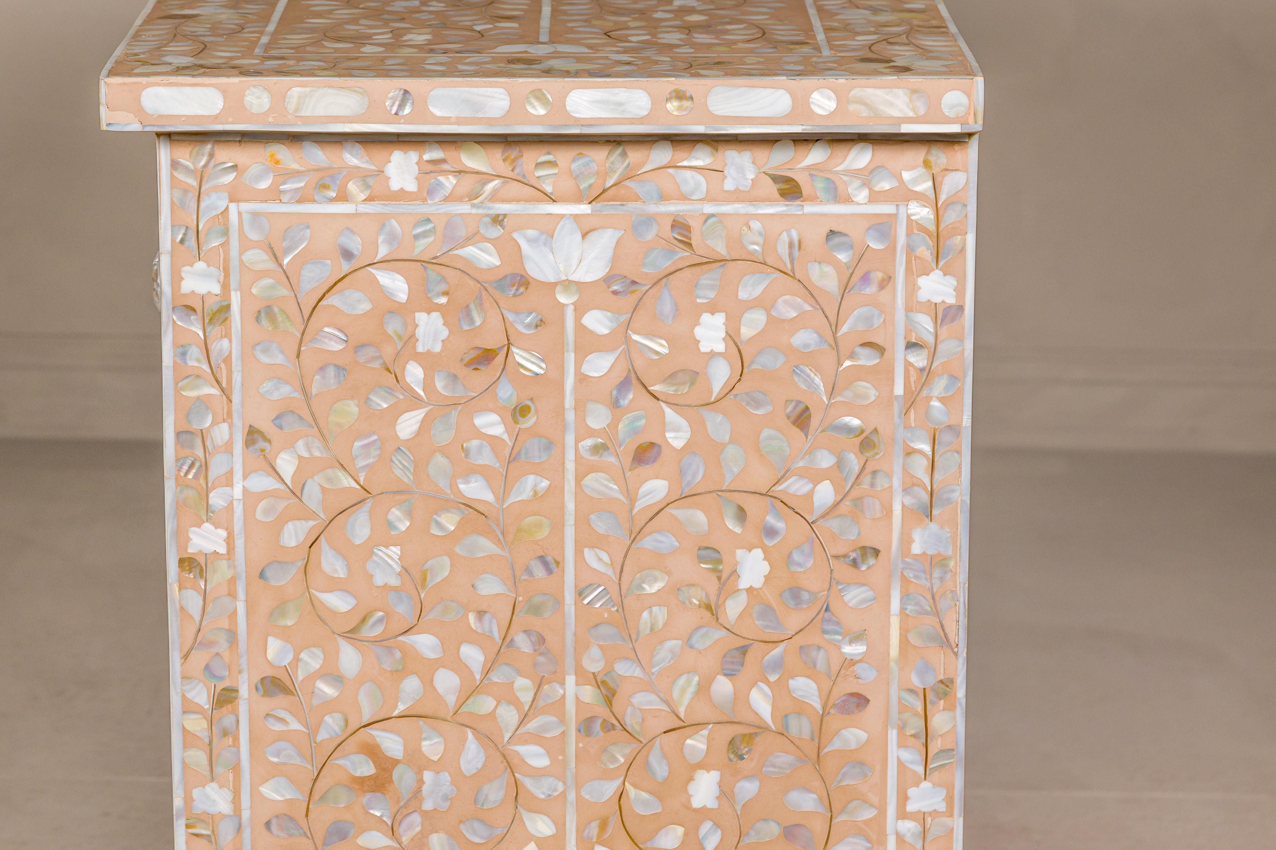 Anglo-Indian Style Soft Pink Dresser with Floral Themed Mother-of-Pearl Inlay For Sale 13