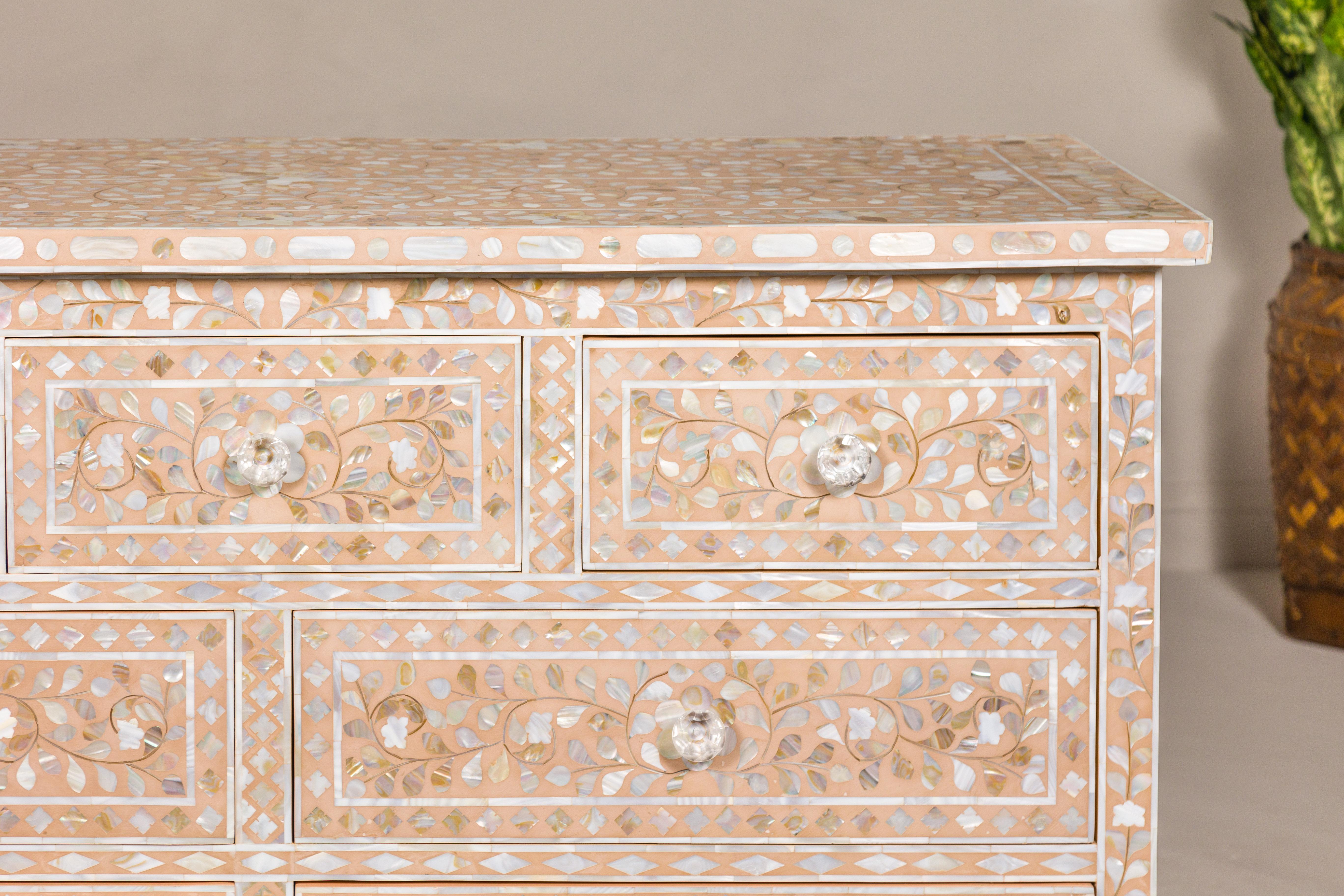 Anglo-Indian Style Soft Pink Dresser with Floral Themed Mother-of-Pearl Inlay In Excellent Condition For Sale In Yonkers, NY