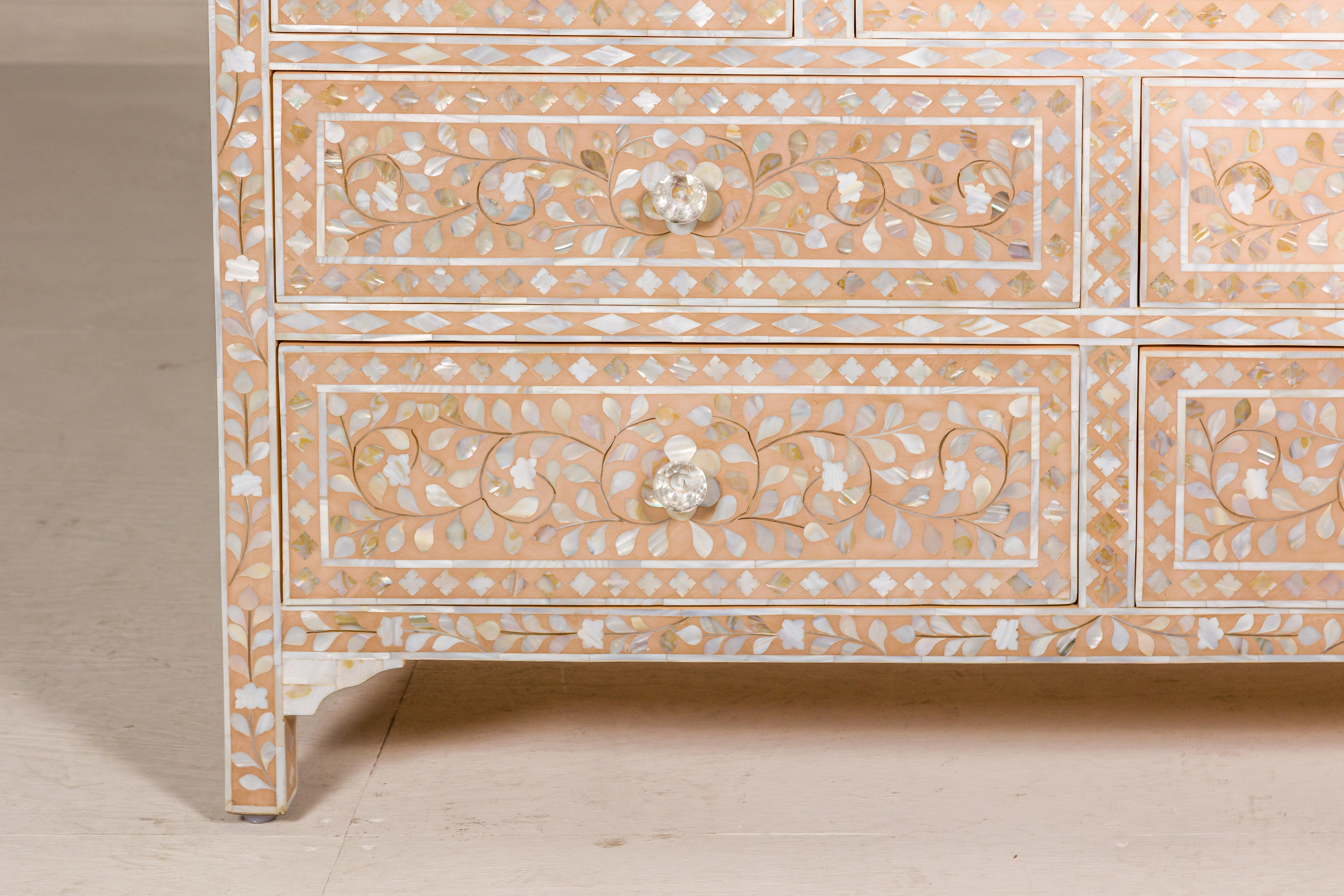Contemporary Anglo-Indian Style Soft Pink Dresser with Floral Themed Mother-of-Pearl Inlay For Sale