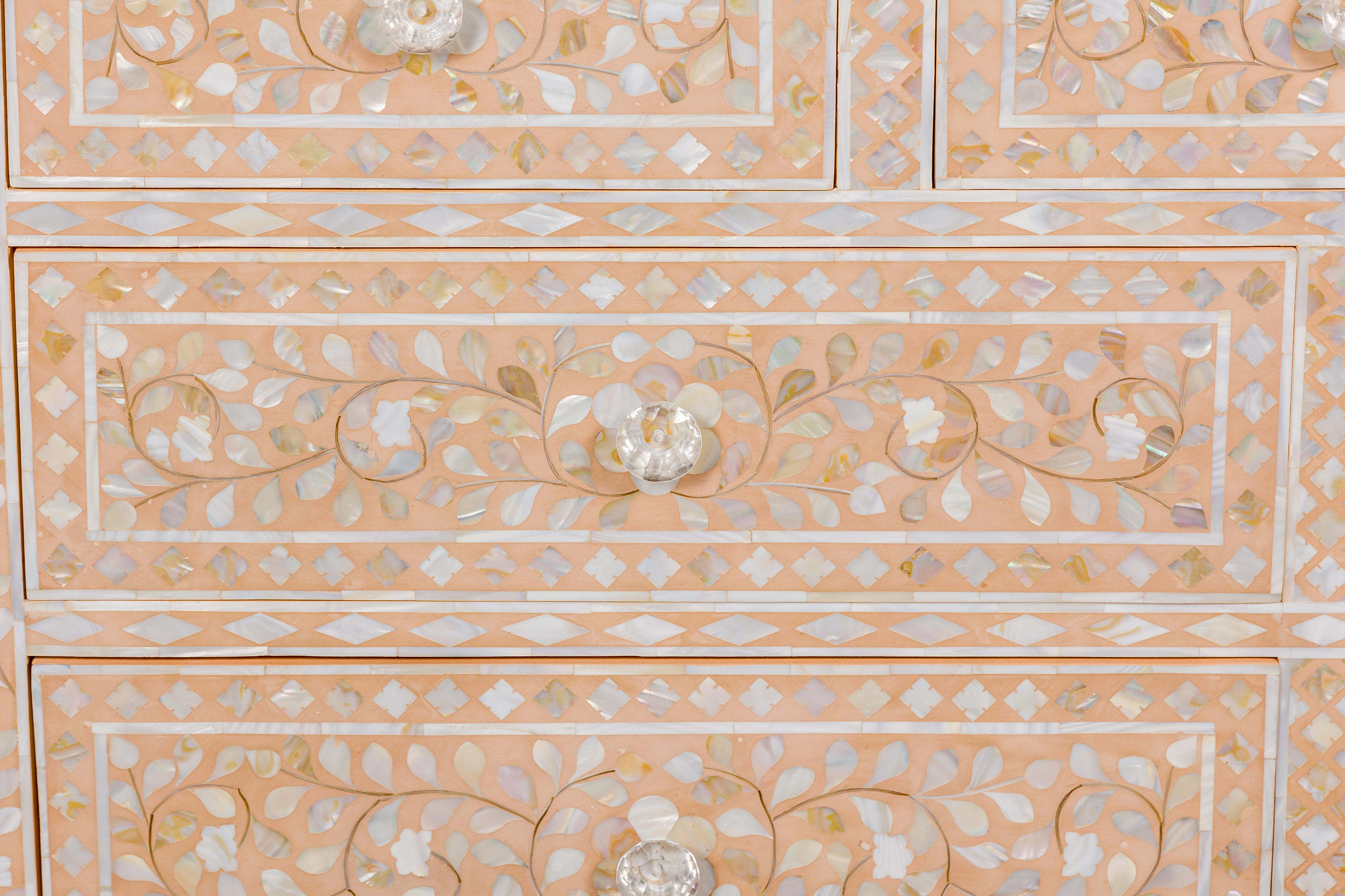 Anglo-Indian Style Soft Pink Dresser with Floral Themed Mother-of-Pearl Inlay For Sale 1