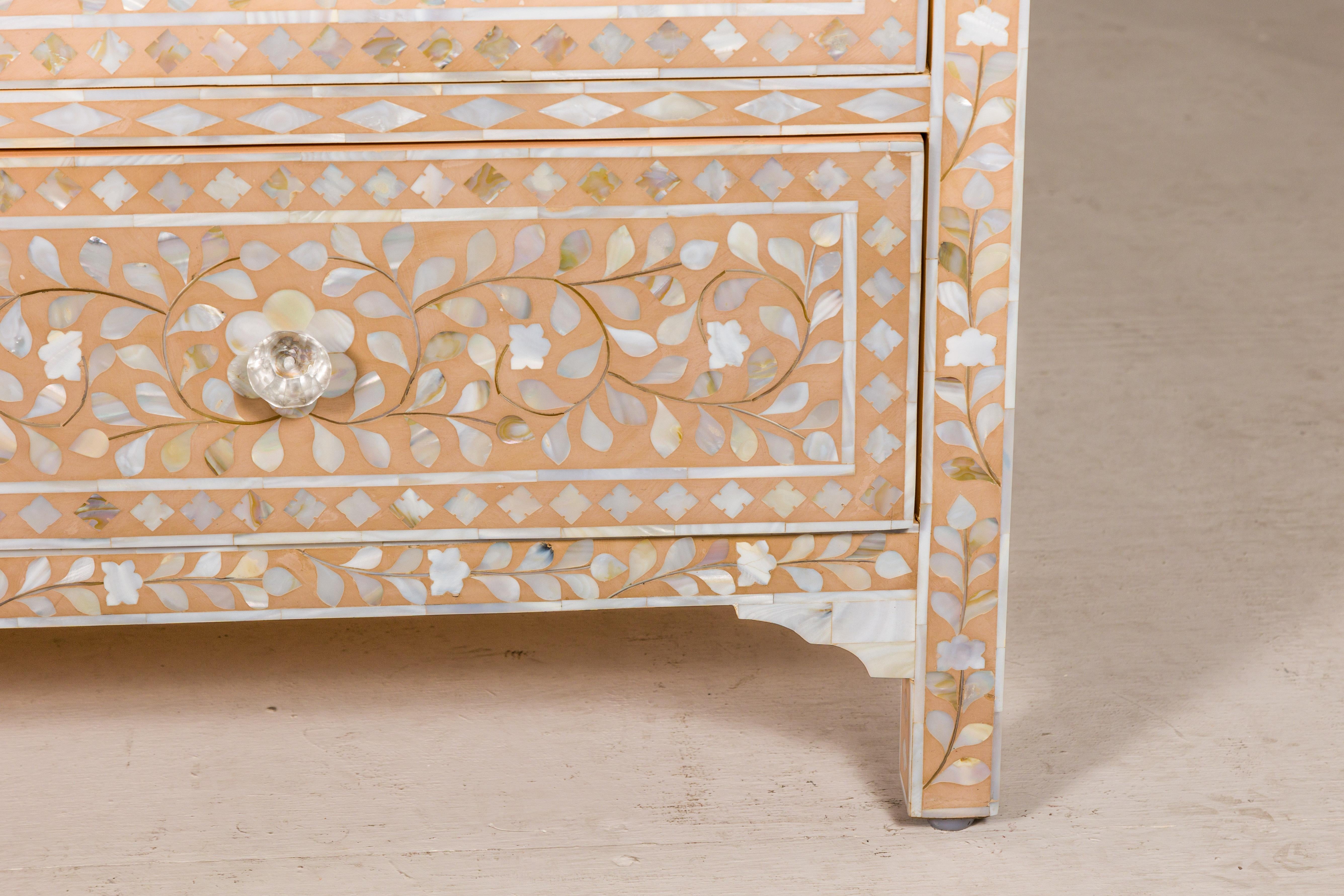Anglo-Indian Style Soft Pink Dresser with Floral Themed Mother-of-Pearl Inlay For Sale 2