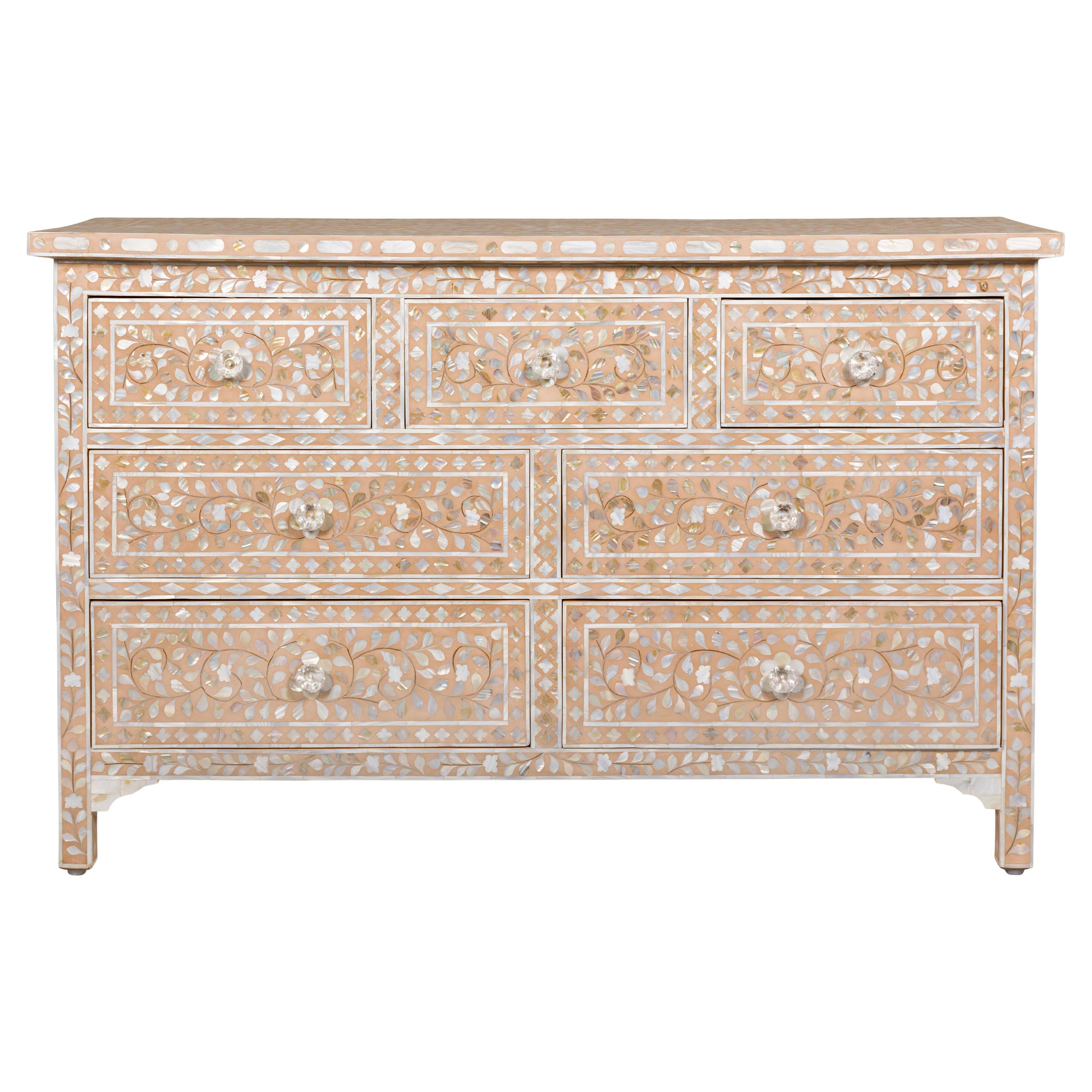 Anglo-Indian Style Soft Pink Dresser with Floral Themed Mother-of-Pearl Inlay For Sale