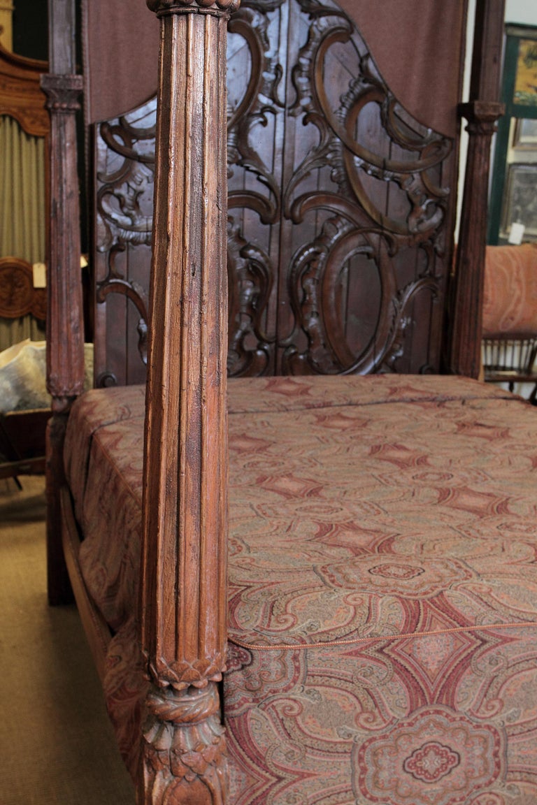 AngloIndian Style Tall Bed with Carved and Fluted Posts, Carved Panel