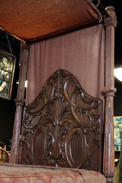 Anglo-Indian Style Tall Bed with Carved and Fluted Posts, Carved Panel Headboard