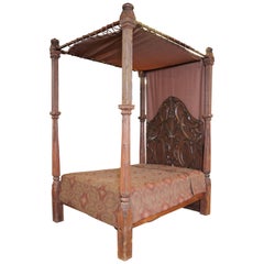 Anglo-Indian Style Tall Bed with Carved and Fluted Posts, Carved Panel Headboard