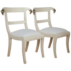 Anglo-Indian Style Tessellated Bone Chairs with Brass Ram's Head Decoration
