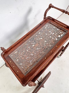 Anglo-Indian Style Two Tiered Tea or Bar Cart in Rosewood With Brass Inlay