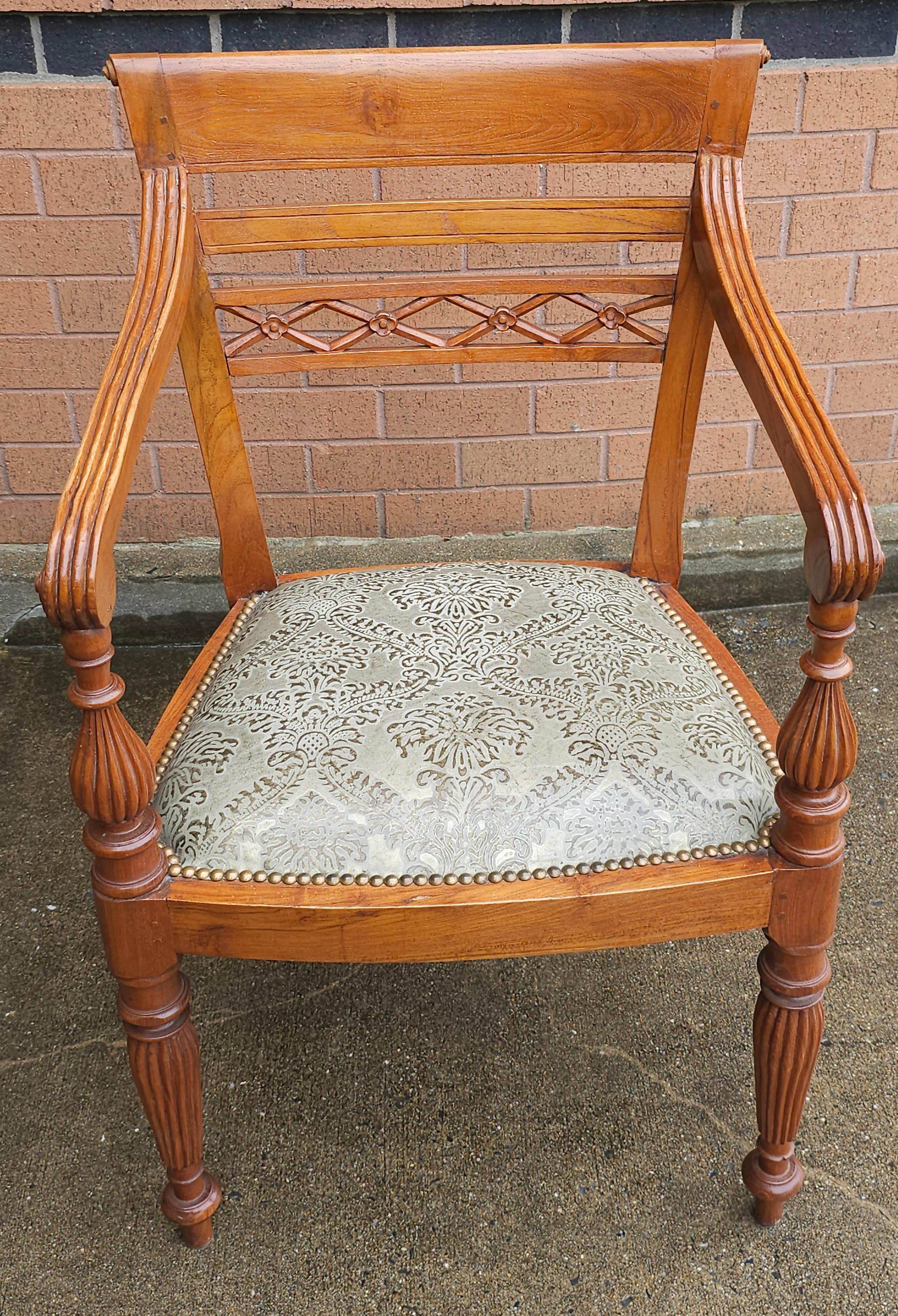 Anglo-Indian Anglo Indian Teak and Nailhead Trim Upholstered Armchair For Sale