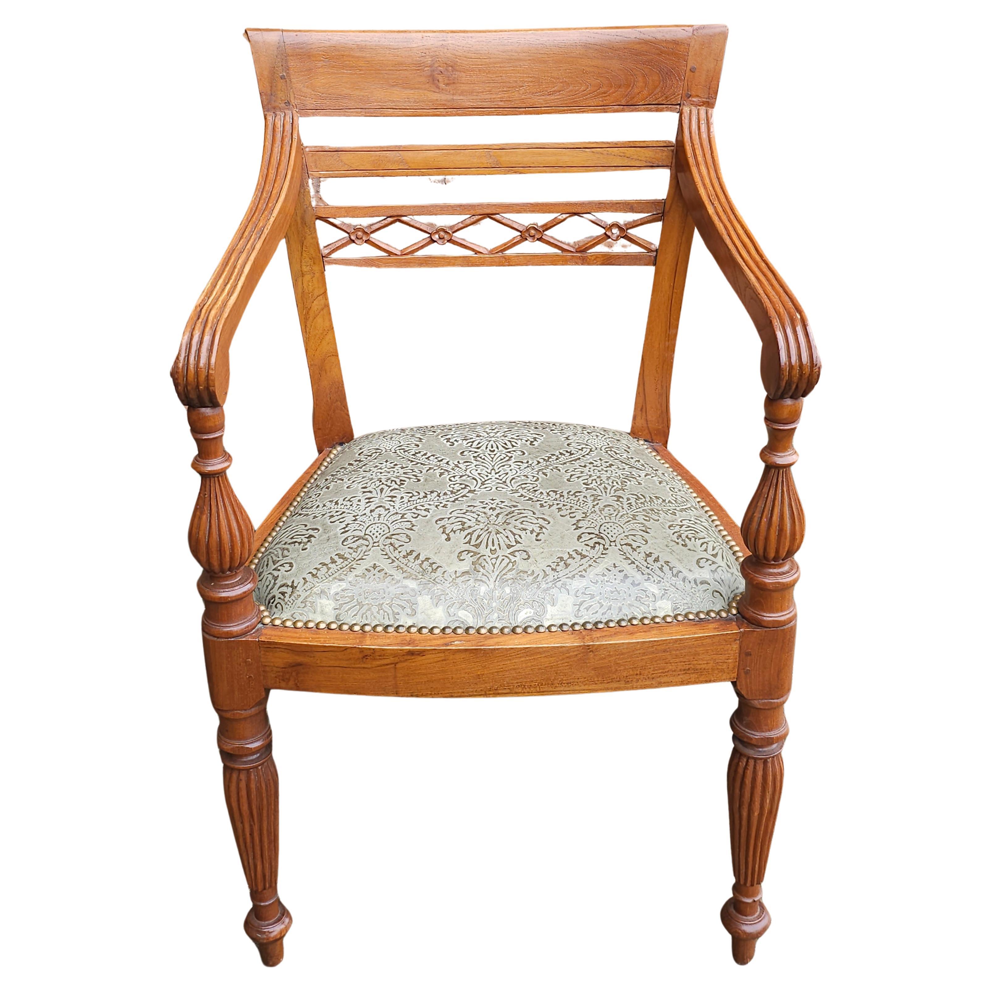 Anglo Indian Teak and Nailhead Trim Upholstered Armchair For Sale