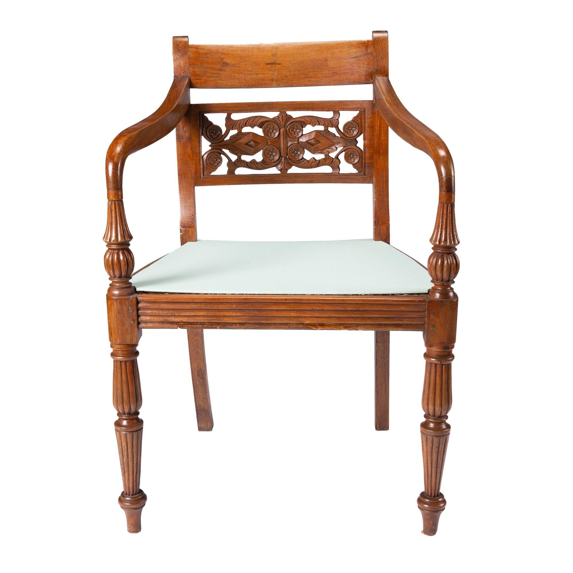 Anglo-Indian teak arm chair with caned seat and cushion, 1900-50 6
