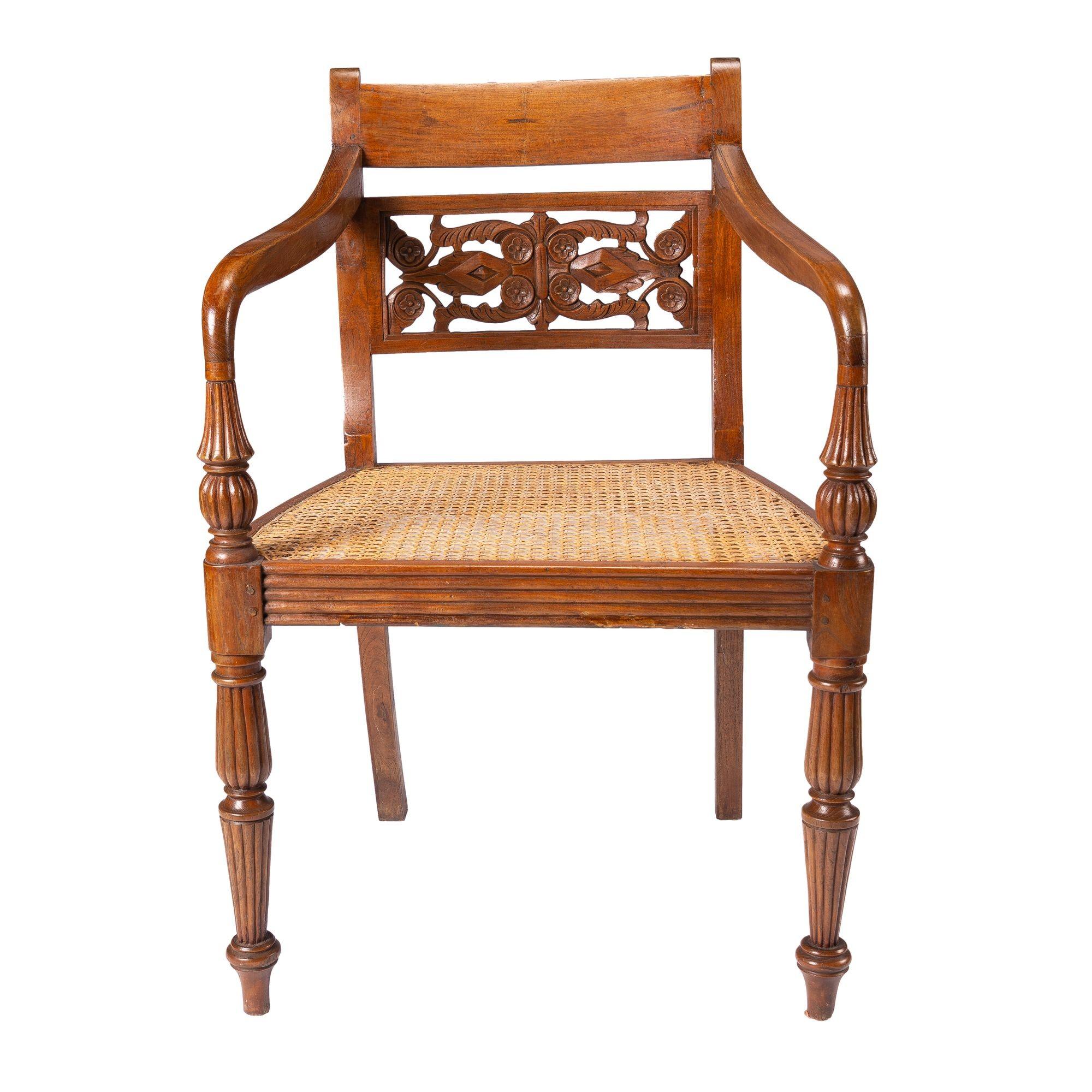 Anglo-Indian teak arm chair with caned seat and cushion, 1900-50 7
