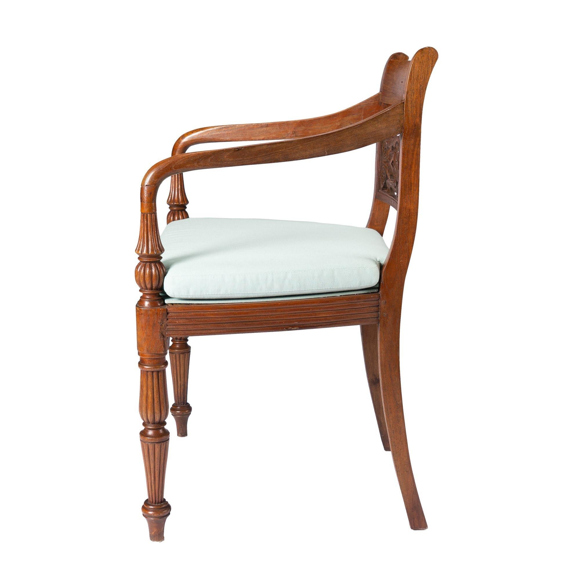 Anglo-Indian Sheraton teak arm chair with caned seat fitted with a boxed seat cushion and upholstered seat platform. This British Raj-era chair is defined by turned and reeded legs, arm posts and front seat rail. The back rail is hand carved and