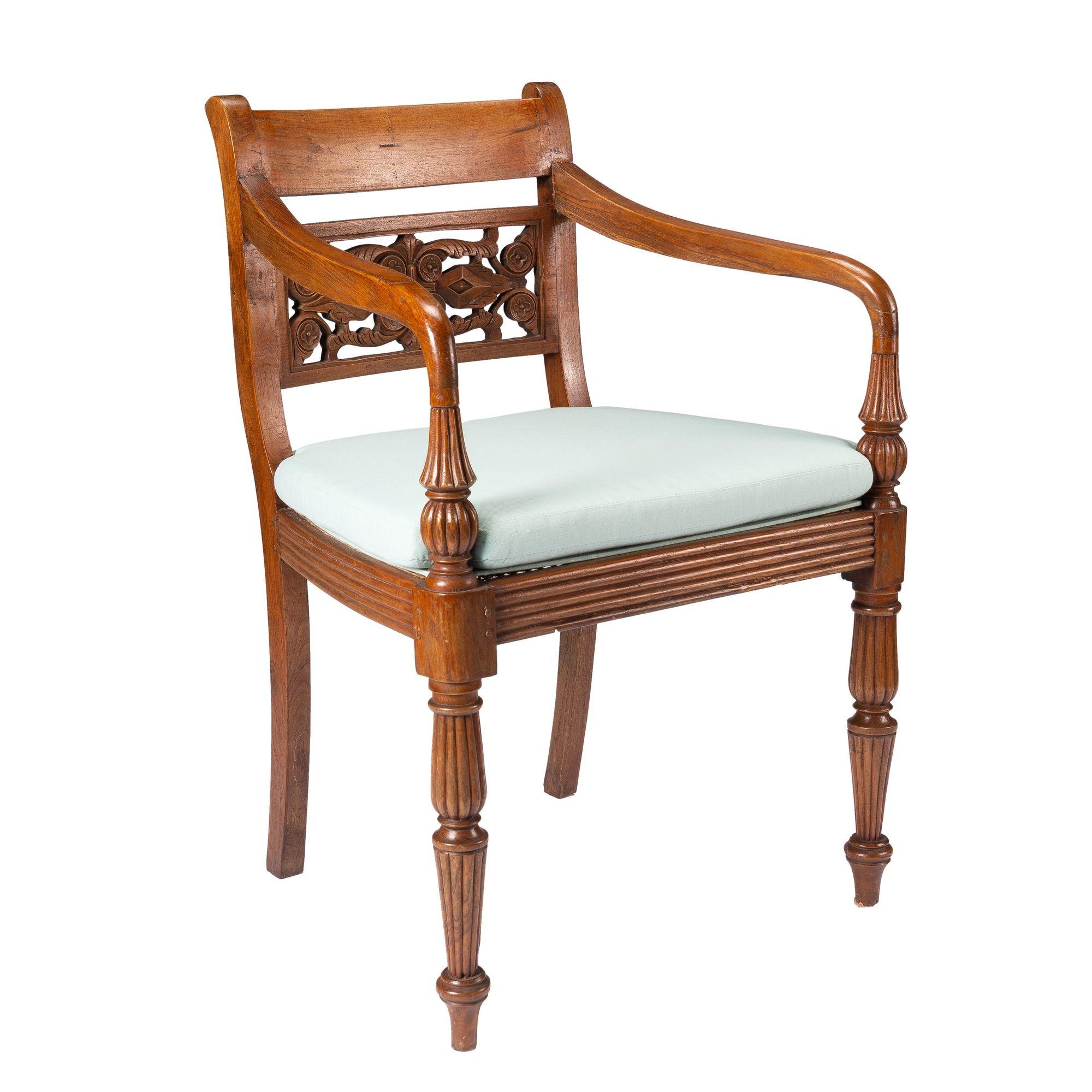 Anglo-Indian teak arm chair with caned seat and cushion, 1900-50 1