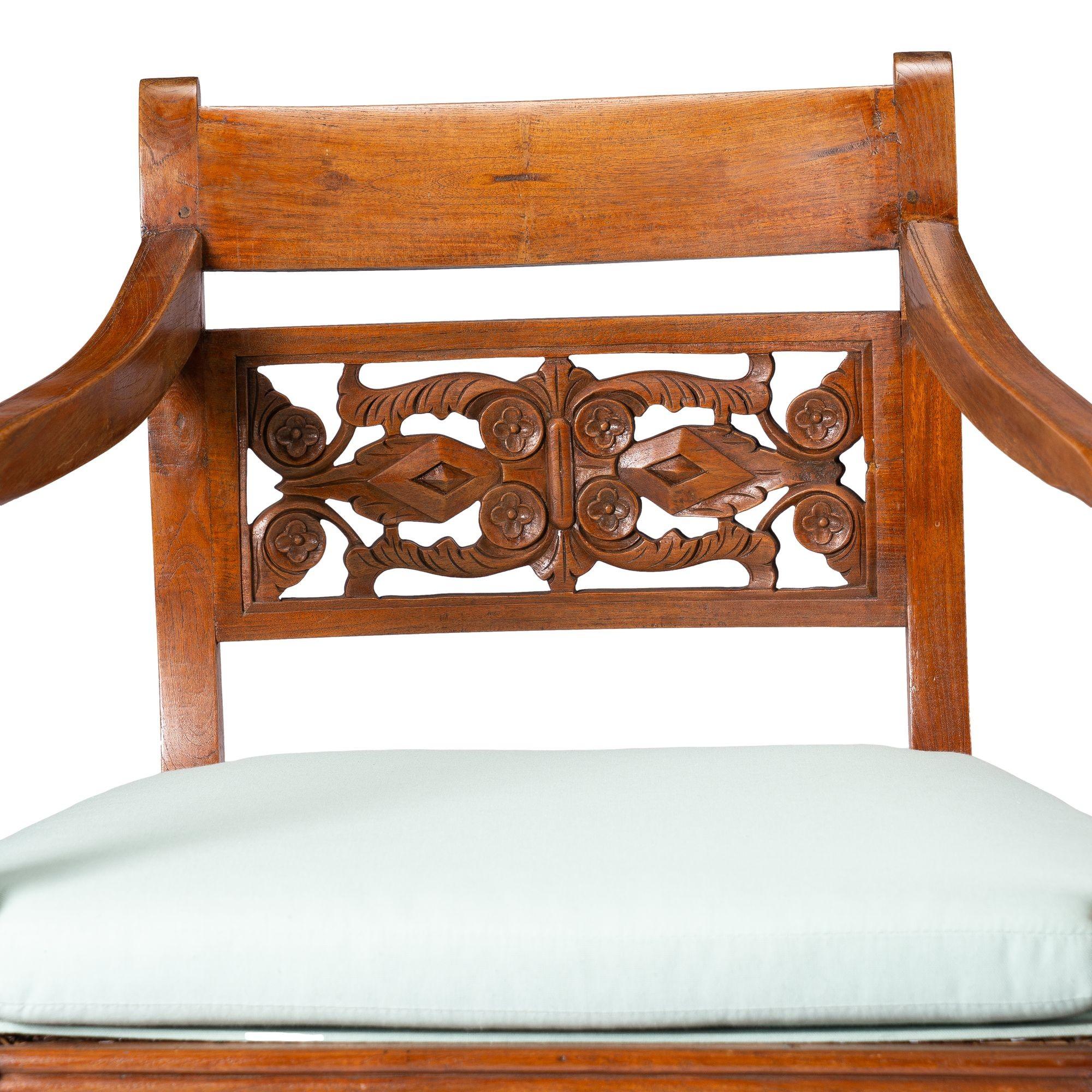 Anglo-Indian teak arm chair with caned seat and cushion, 1900-50 2