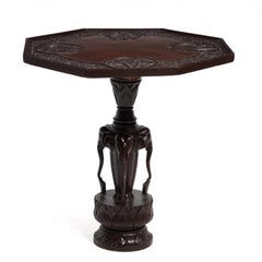 Anglo-Indian Teak Elephant Lotus Lamp Side Table Mid 20th Century
