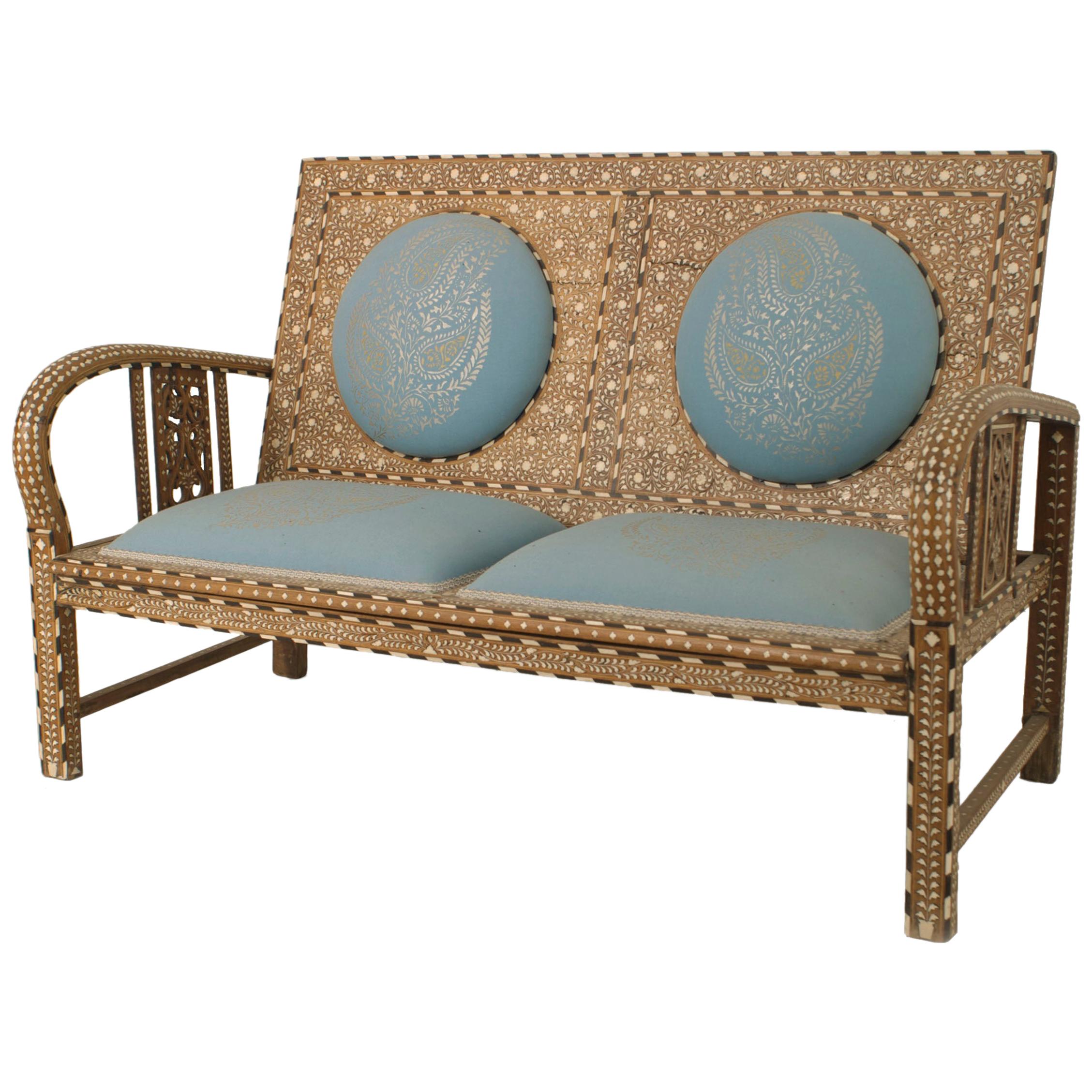 Anglo-Indian Teak Inlaid Upholstered Loveseat