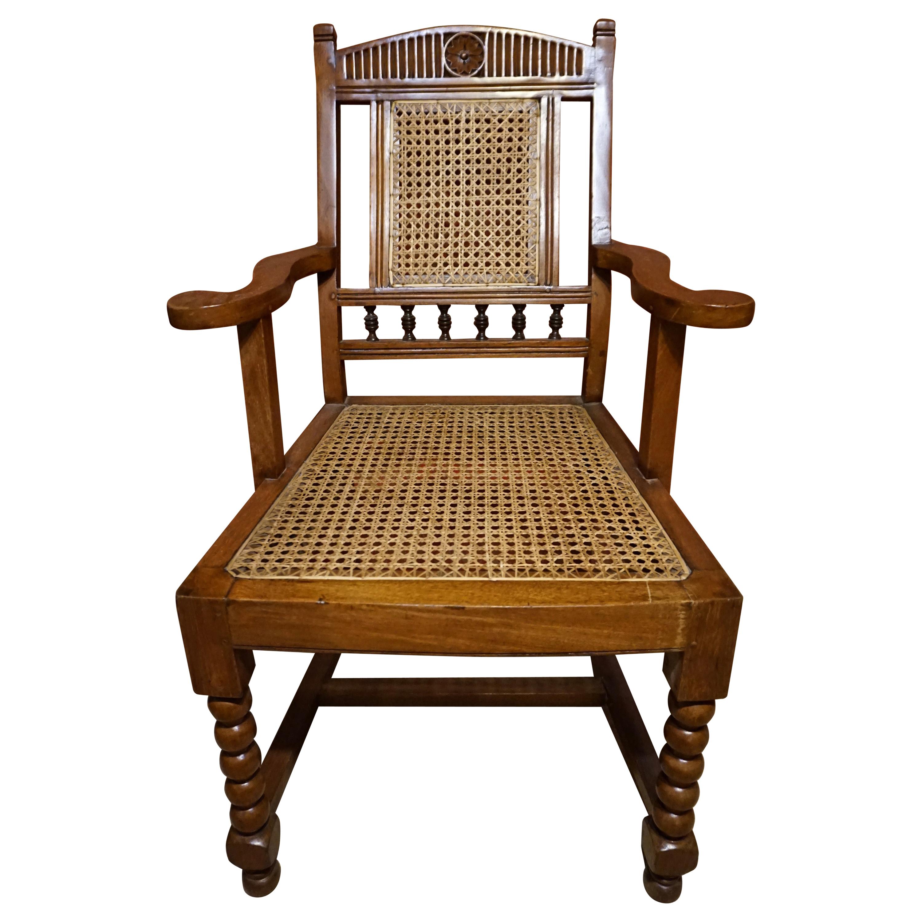Anglo-Indian Teak Rosewood Cane Armchair With Barley Twist Legs