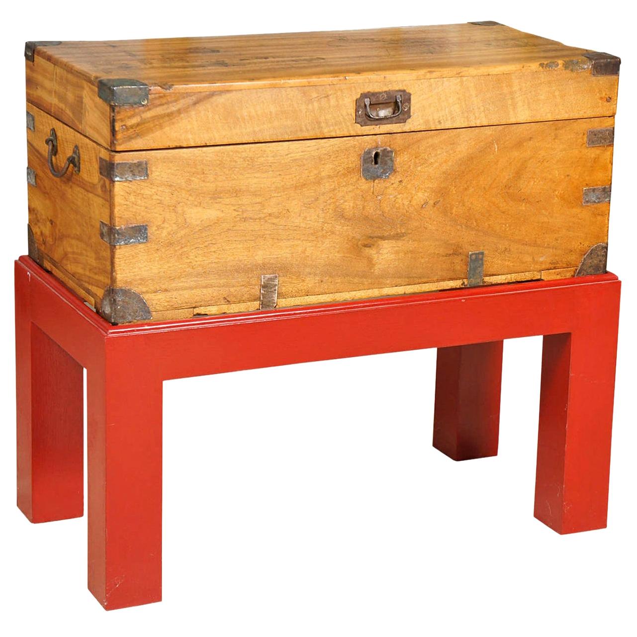 Anglo-Indian Teak Trunk on Red Lacquer Stand For Sale