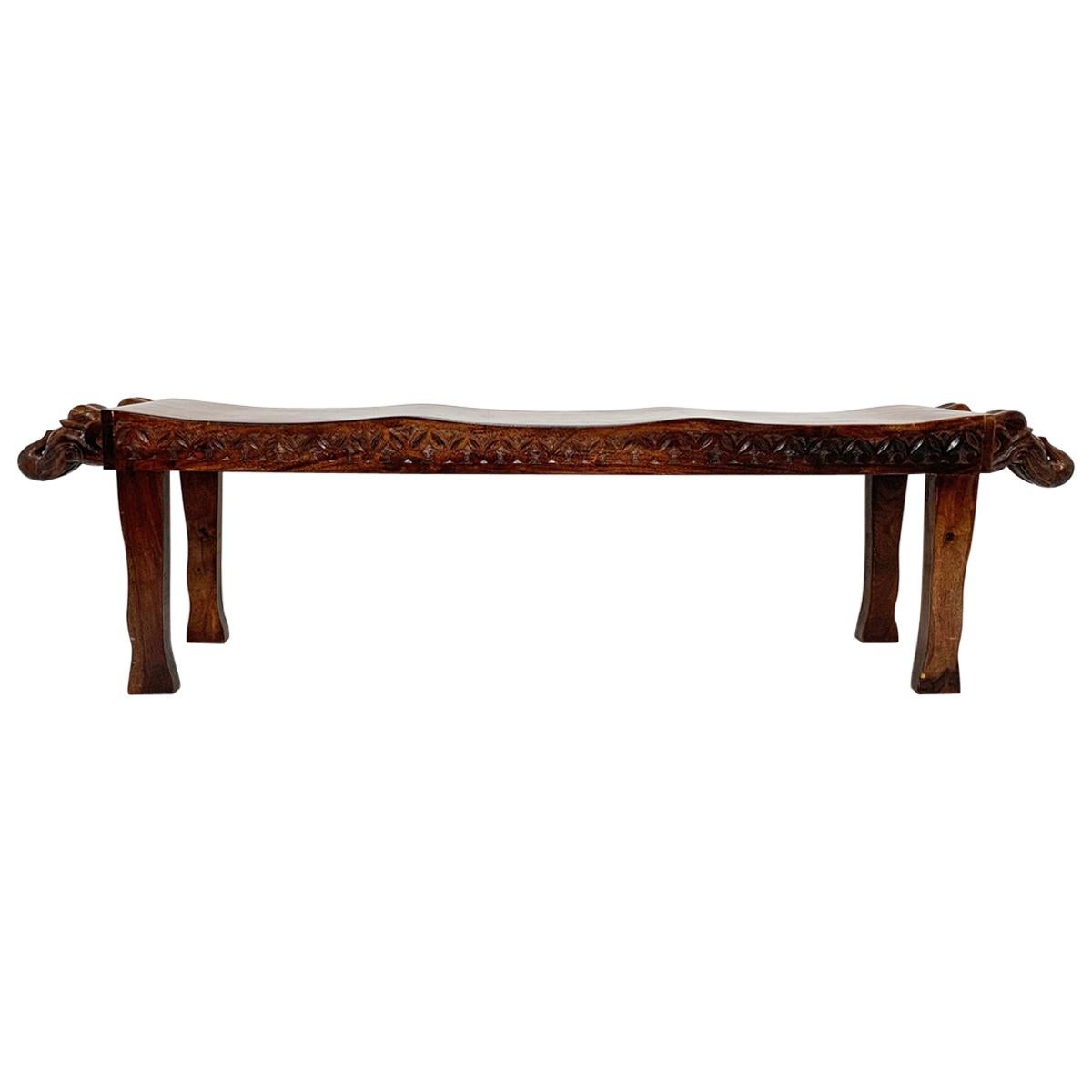 Anglo-Indian Three-Seat Bench with Decorative Elephant Head Carvings circa 1970s