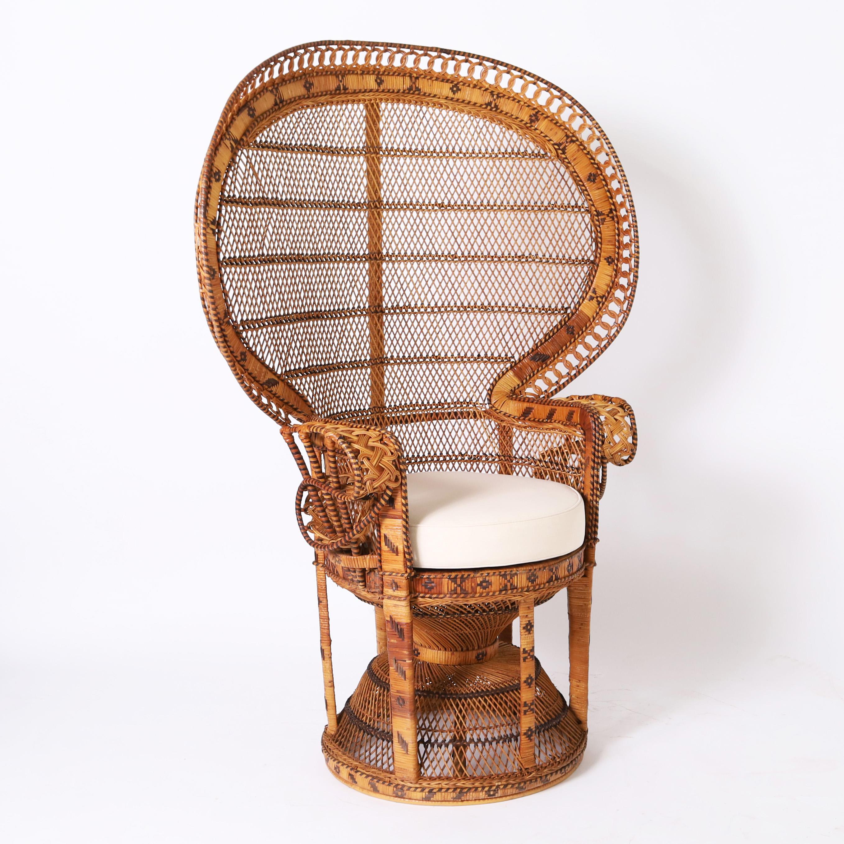 Anglo-Indian Anglo Indian Wicker Peacock Chair and Ottoman For Sale