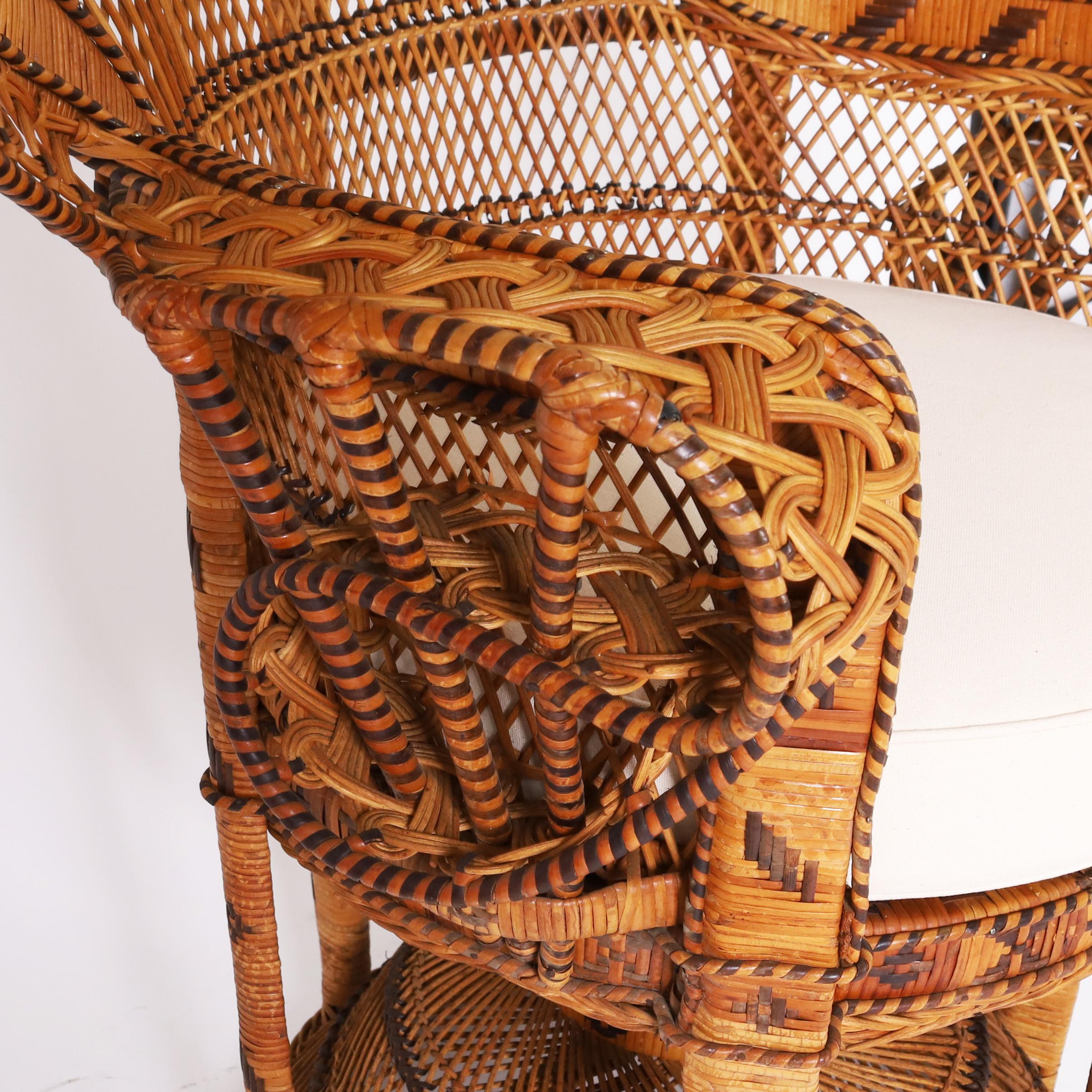 20th Century Anglo Indian Wicker Peacock Chair and Ottoman For Sale