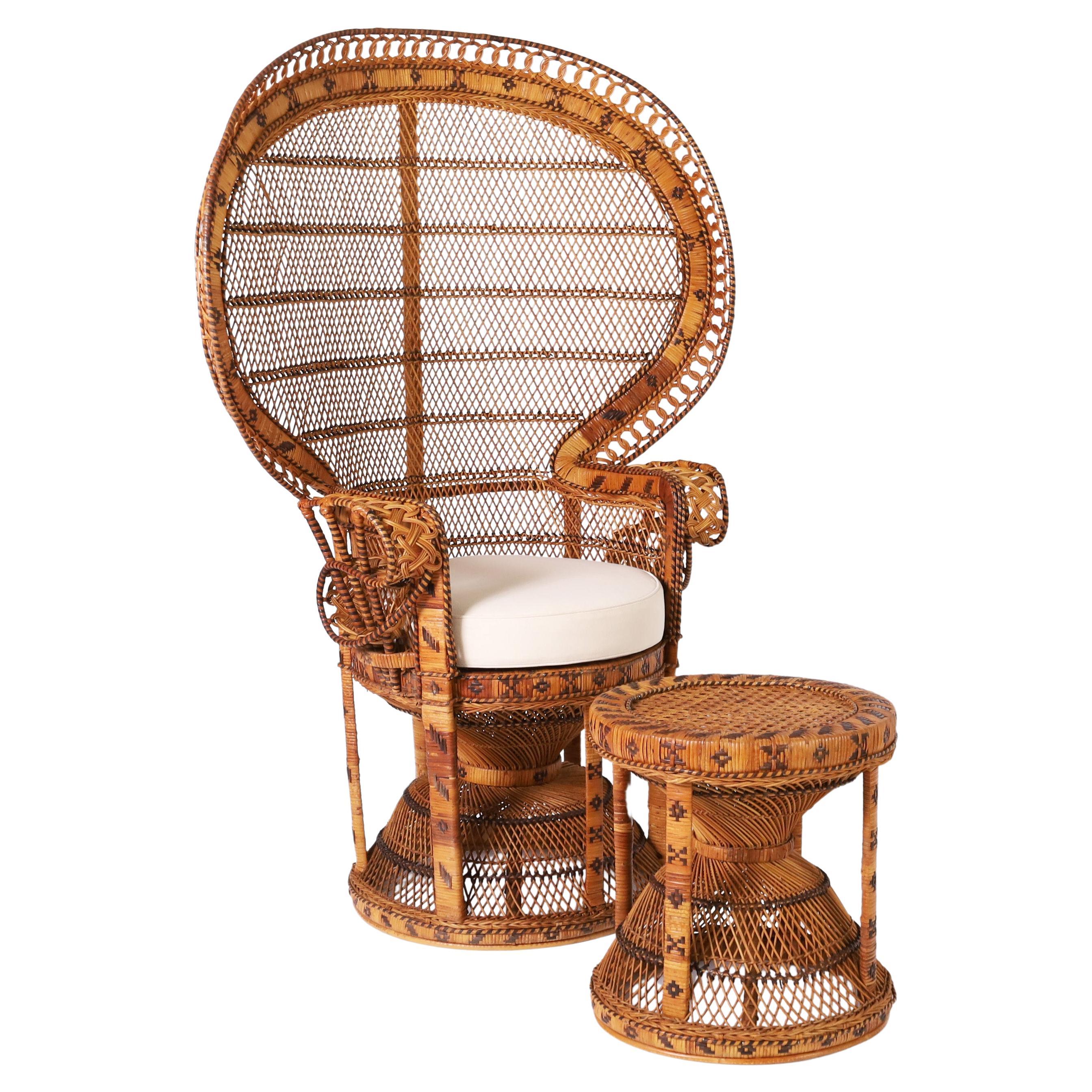 Anglo Indian Wicker Peacock Chair and Ottoman