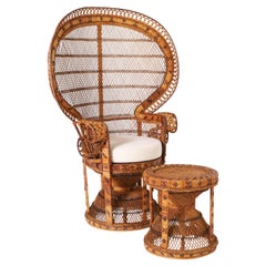 Used Anglo Indian Wicker Peacock Chair and Ottoman