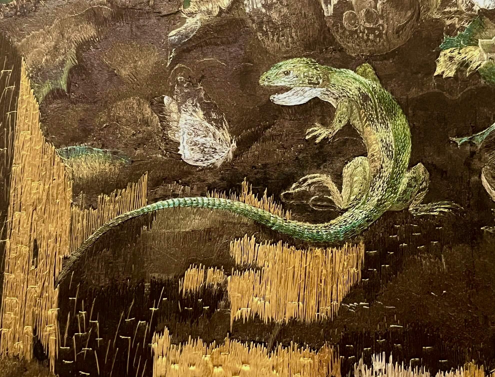 Anglo-Indian Zoological Silkwork Embroidery in Original Ebony Frame, circa 1840 In Good Condition For Sale In Kinderhook, NY