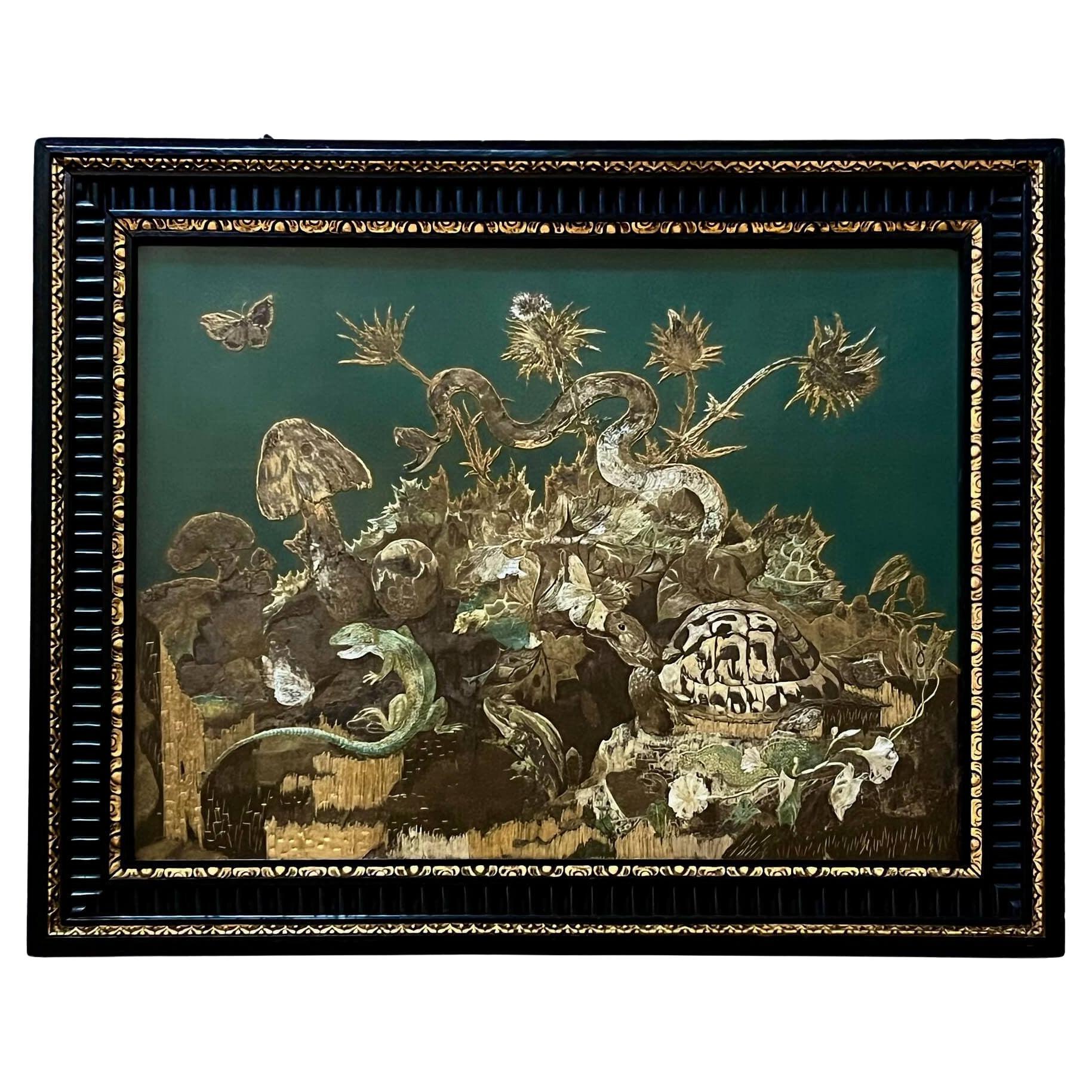 Anglo-Indian Zoological Silkwork Embroidery in Original Ebony Frame, circa 1840