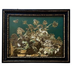 Ricamo zoologico anglo-indiano in seta con cornice originale in ebano, circa 1840