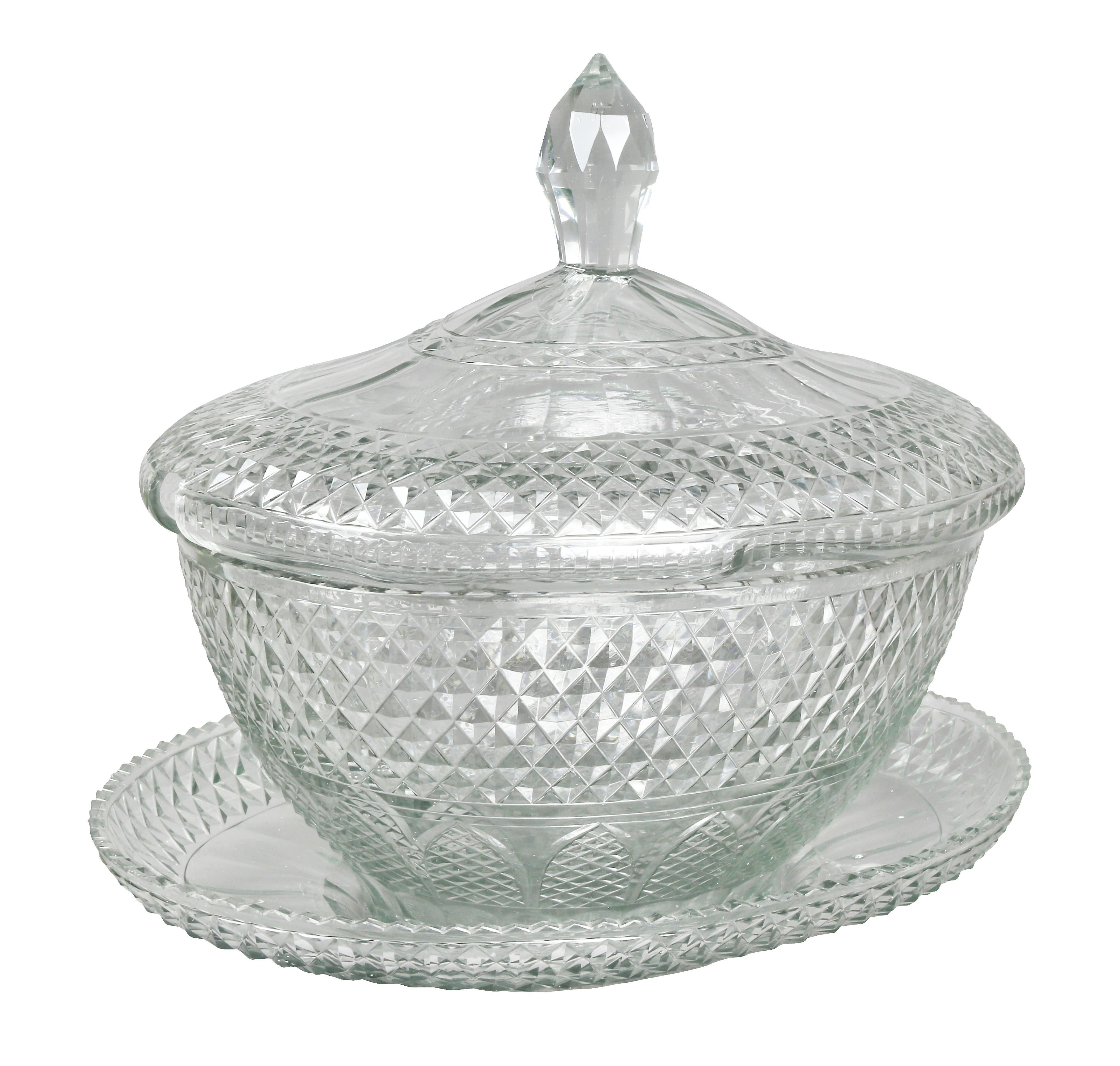 With oval cover with finial and conforming bowl and underplate. Diamond pattern.
 