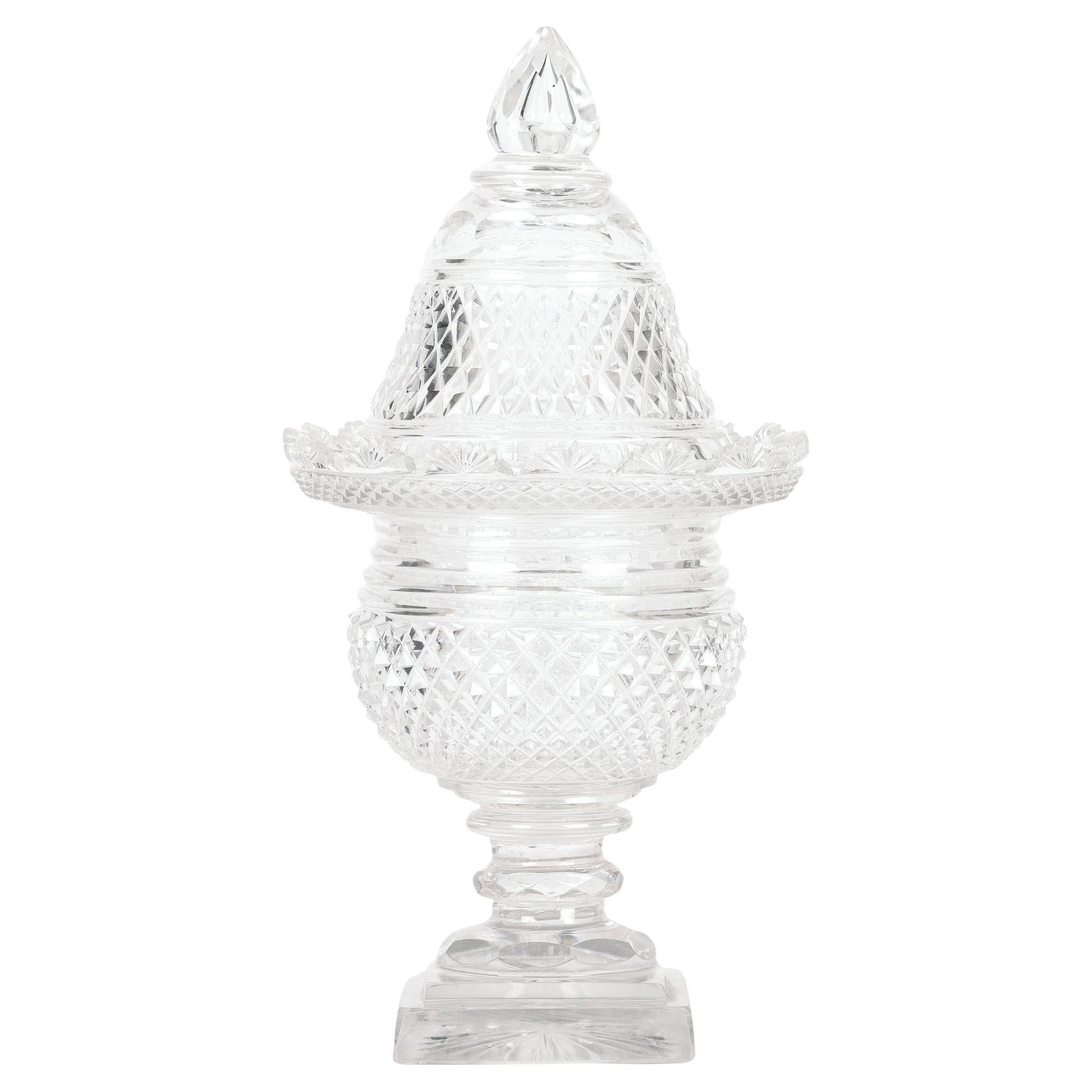 Anglo-Irish Regency Fine Cut Glass Pedestal Vase and Cover