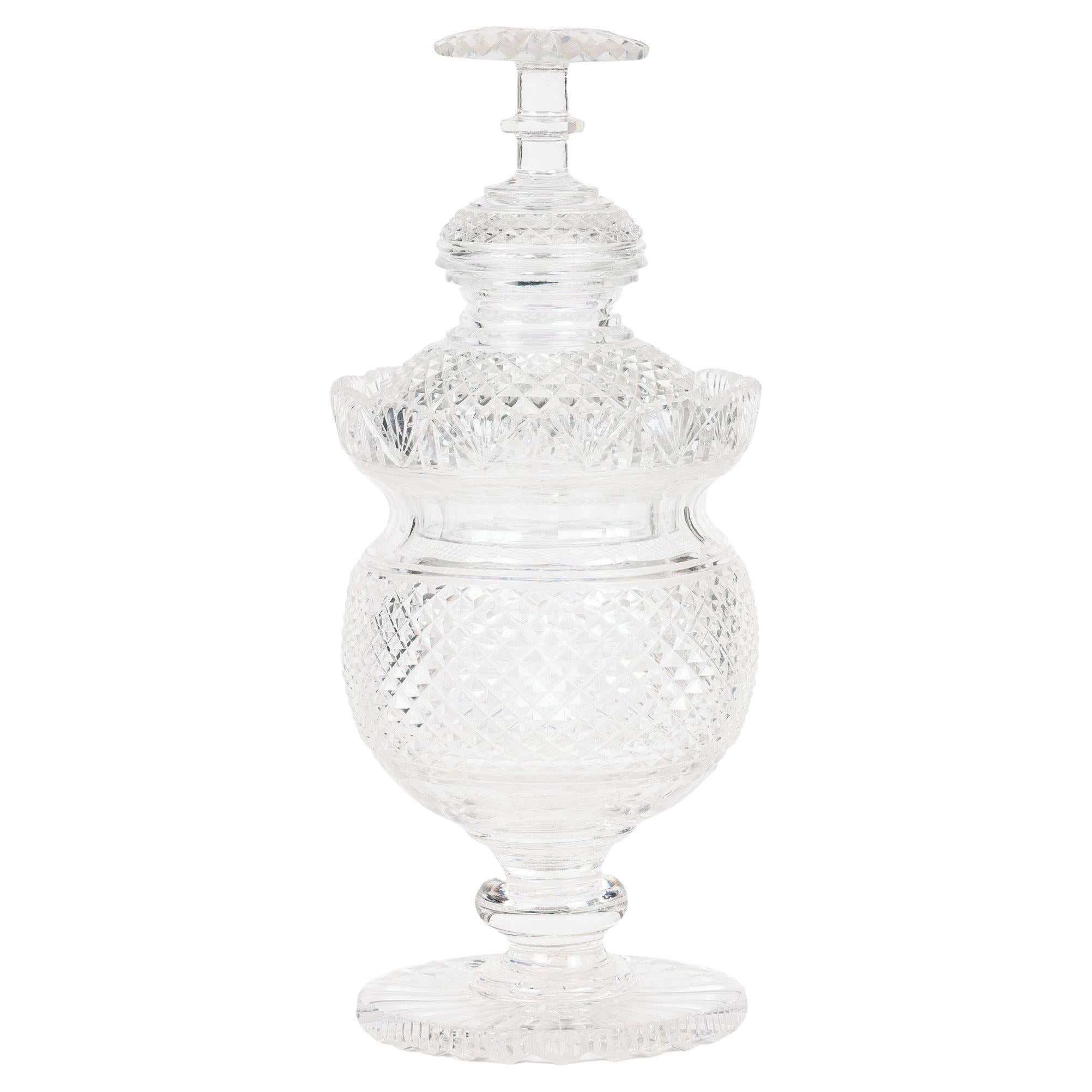 Anglo- Irish Regency Fine Cut Glass Pedestal Vase & Cover