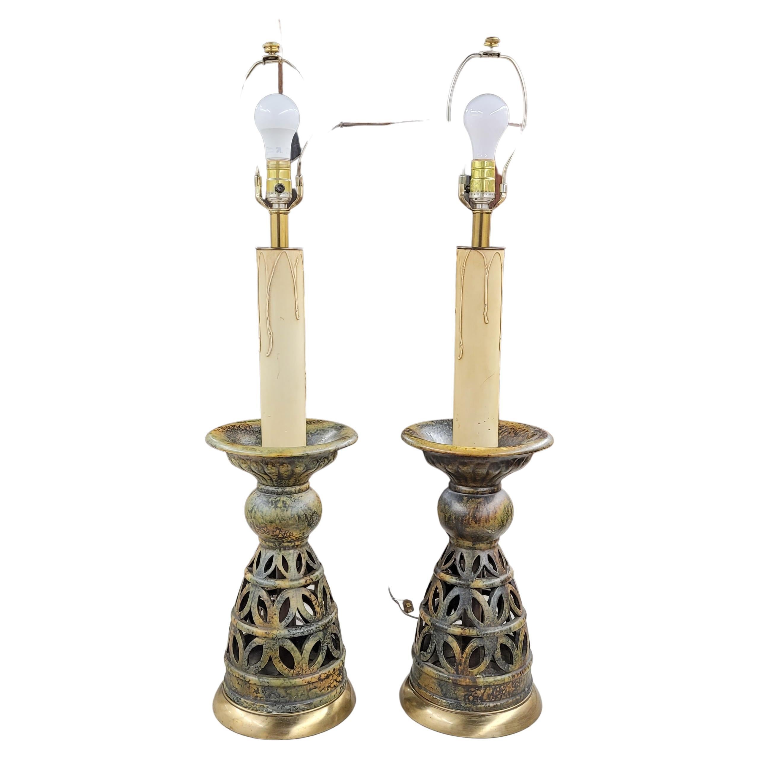 An impressive pair of Anglo-Japanese style carved ceramic Candle Stands and Brass Large Table Lamps.
Very good vintage condition. Measures 8.5