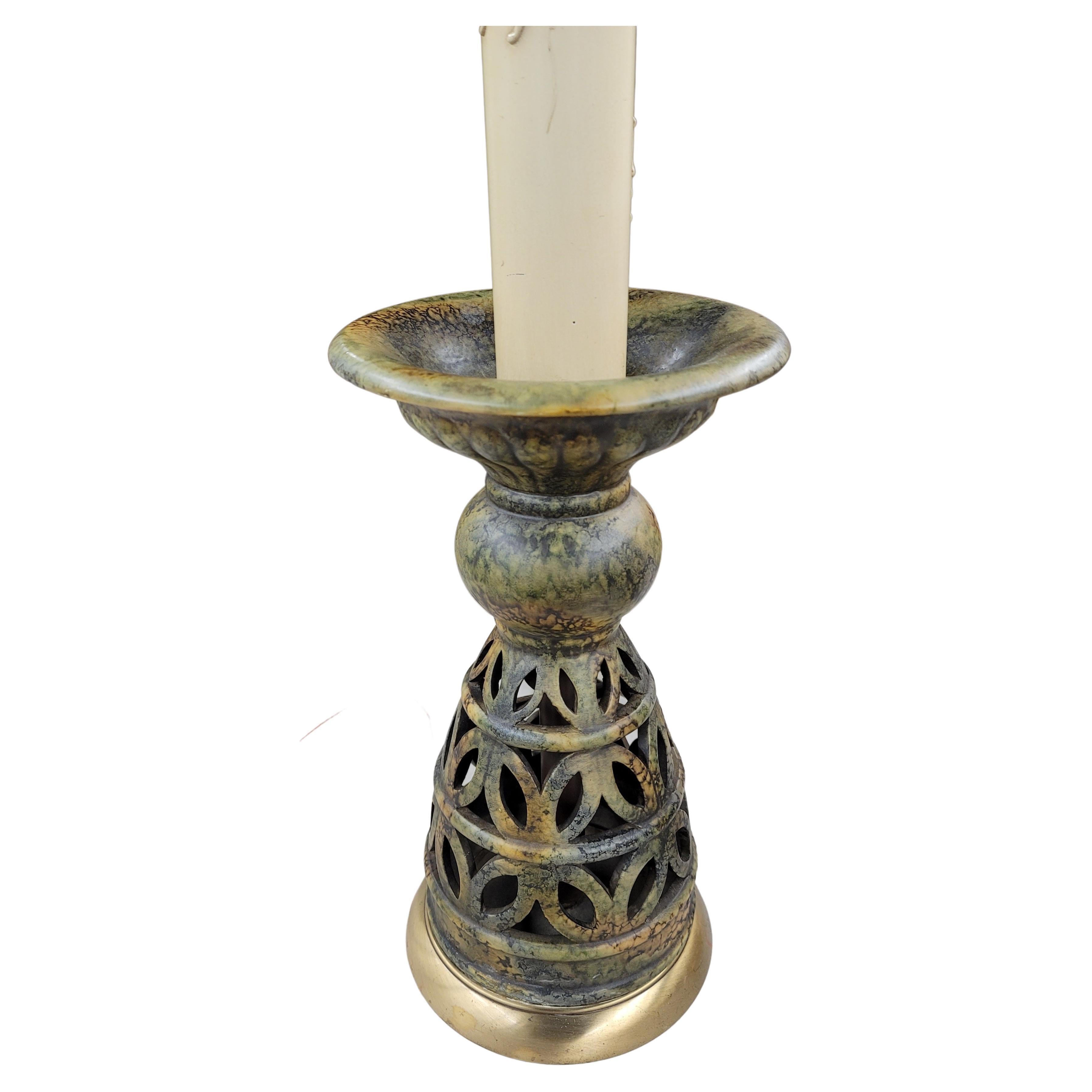 Anglo-Japanese Carved Ceramic Candle Stands and Brass Large Table Lamps, A Pair For Sale 1