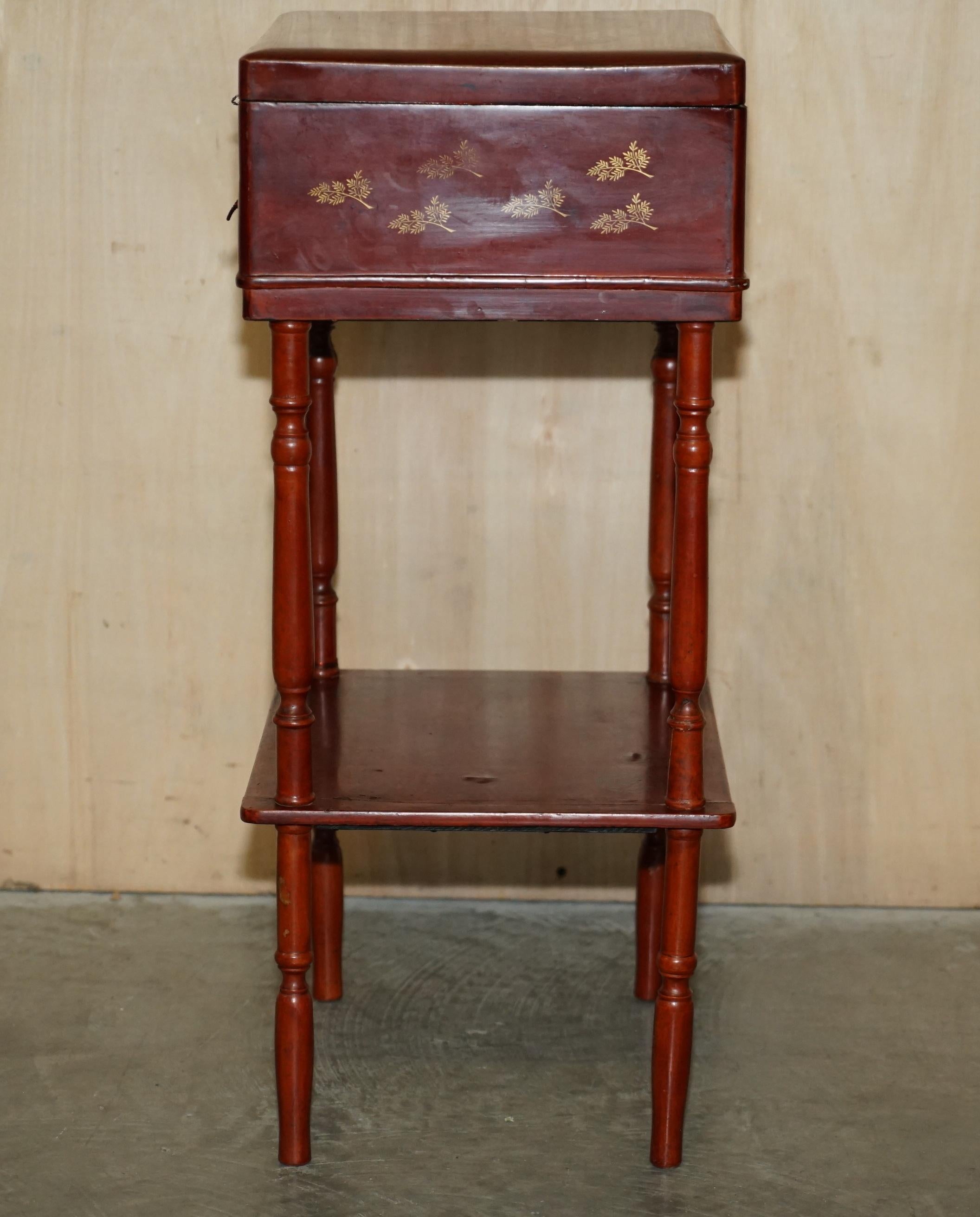 Anglo Japanese Red Lacquer Sewing Table with Famboo Legs with Fitted Interior For Sale 6