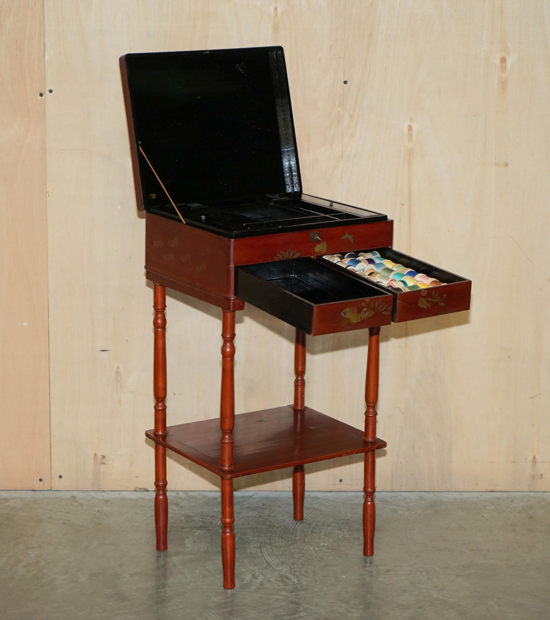 Anglo Japanese Red Lacquer Sewing Table with Famboo Legs with Fitted Interior For Sale 8
