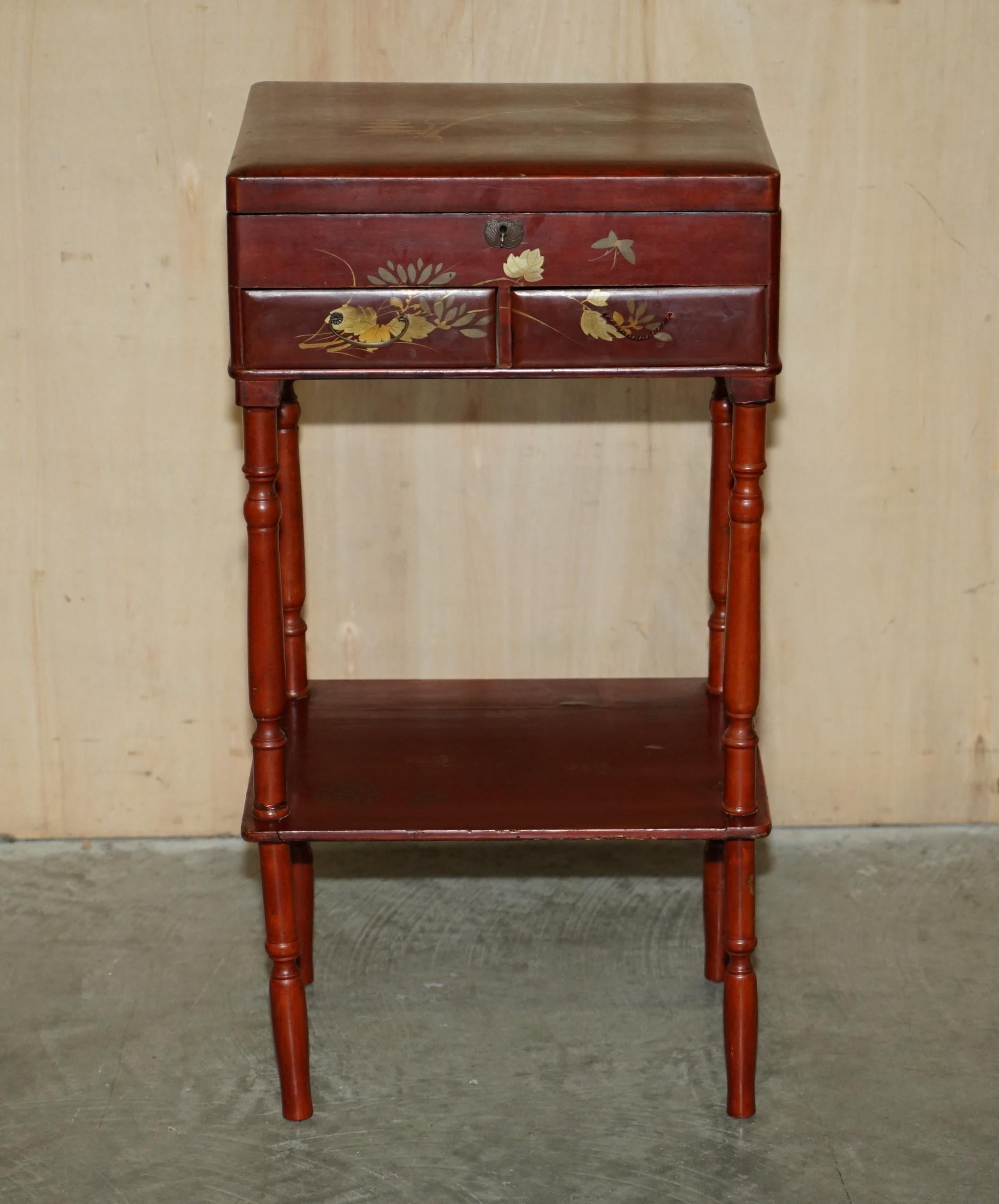 We are delighted to offer for sale this lovely hand made Anglo Japanese lacquer sewing table with period fitted interior. 

A very good looking and well made piece, made as an export piece during the Anglo Japanese period, the insides are fully