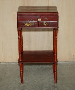 Anglo Japanese Red Lacquer Sewing Table with Famboo Legs with Fitted Interior