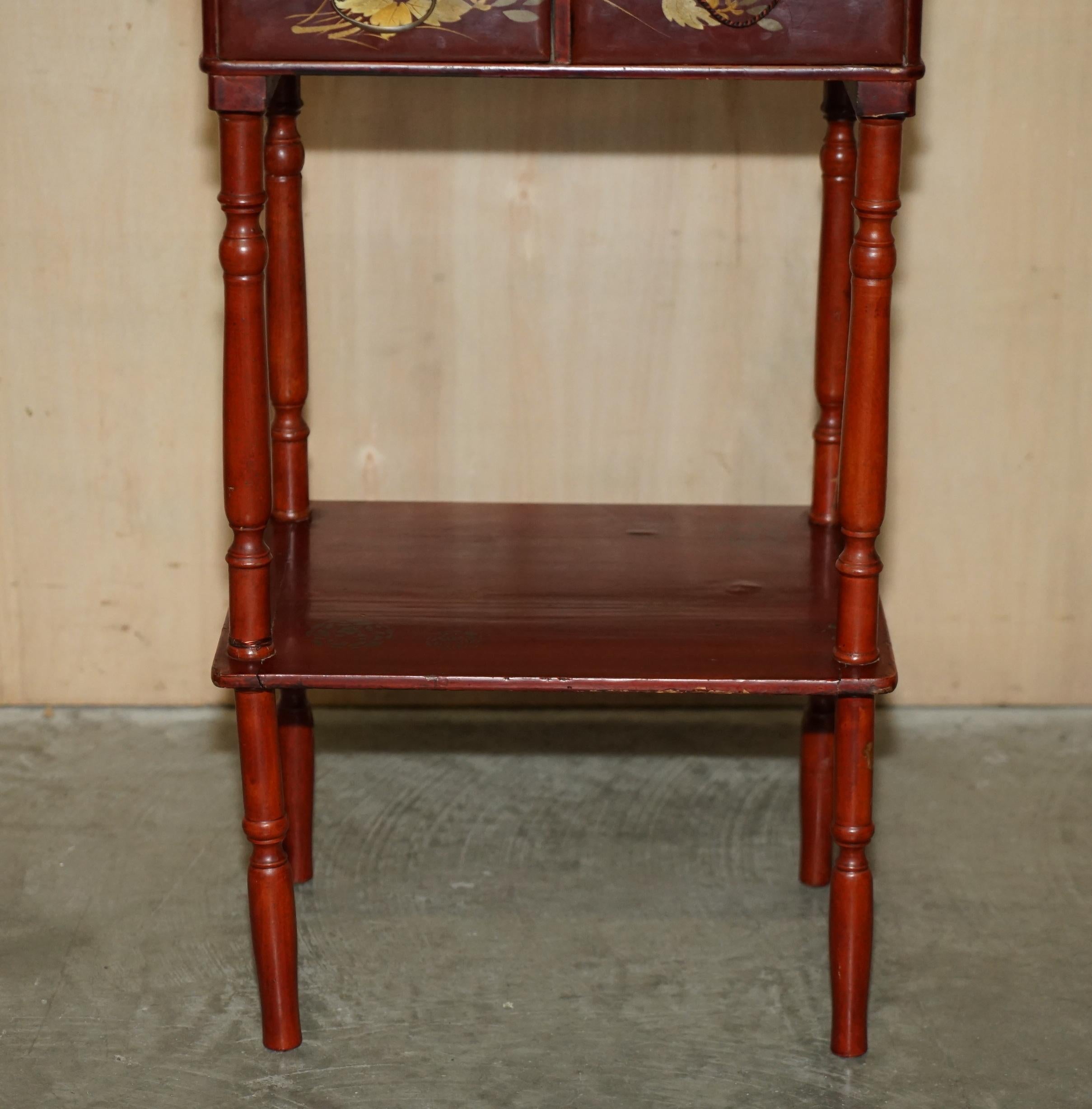 Hand-Crafted Anglo Japanese Red Lacquer Sewing Table with Famboo Legs with Fitted Interior For Sale