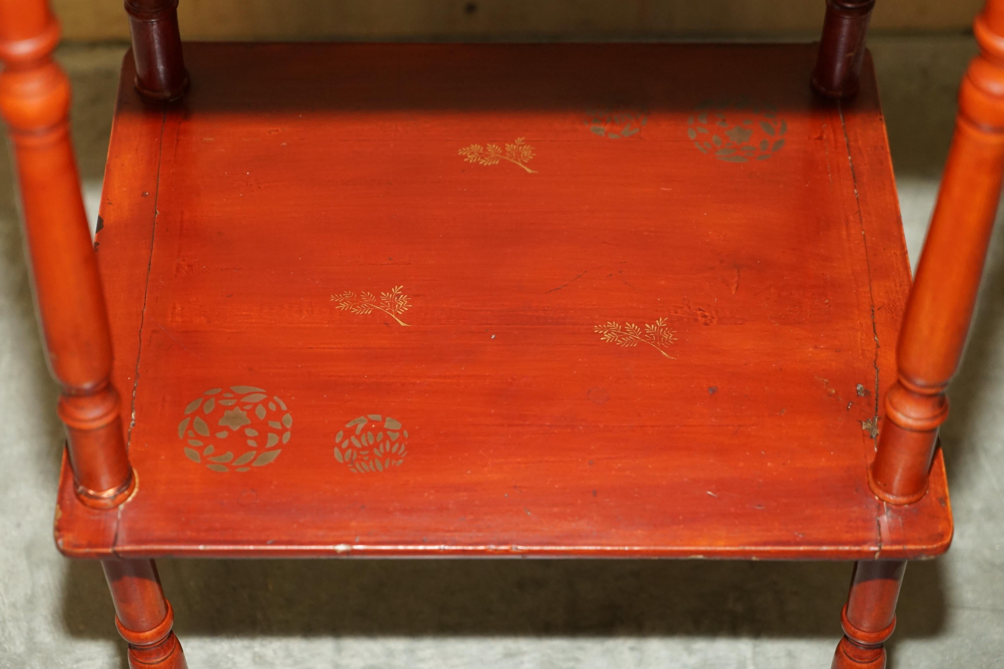 Pine Anglo Japanese Red Lacquer Sewing Table with Famboo Legs with Fitted Interior For Sale
