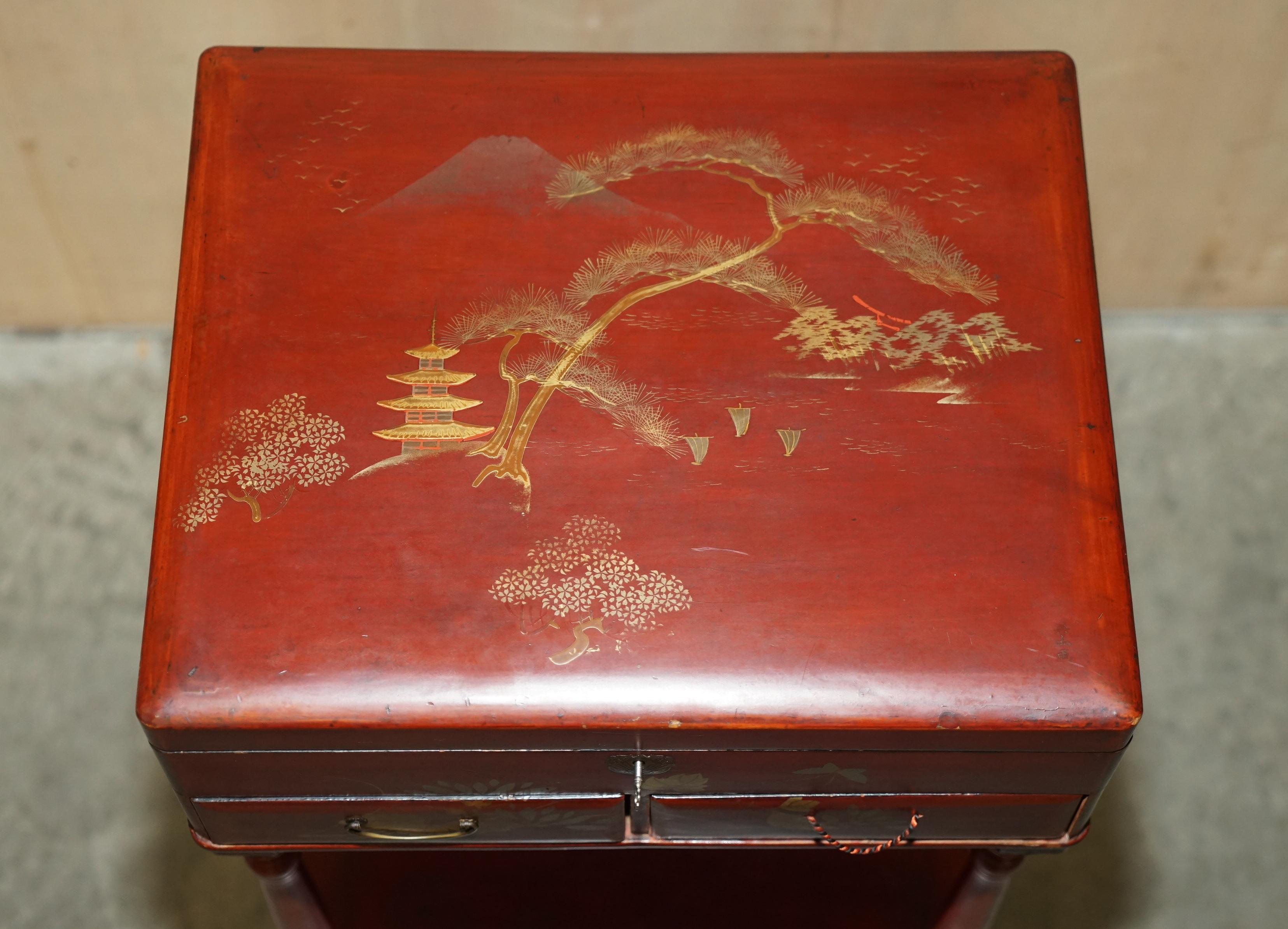 Anglo Japanese Red Lacquer Sewing Table with Famboo Legs with Fitted Interior For Sale 1