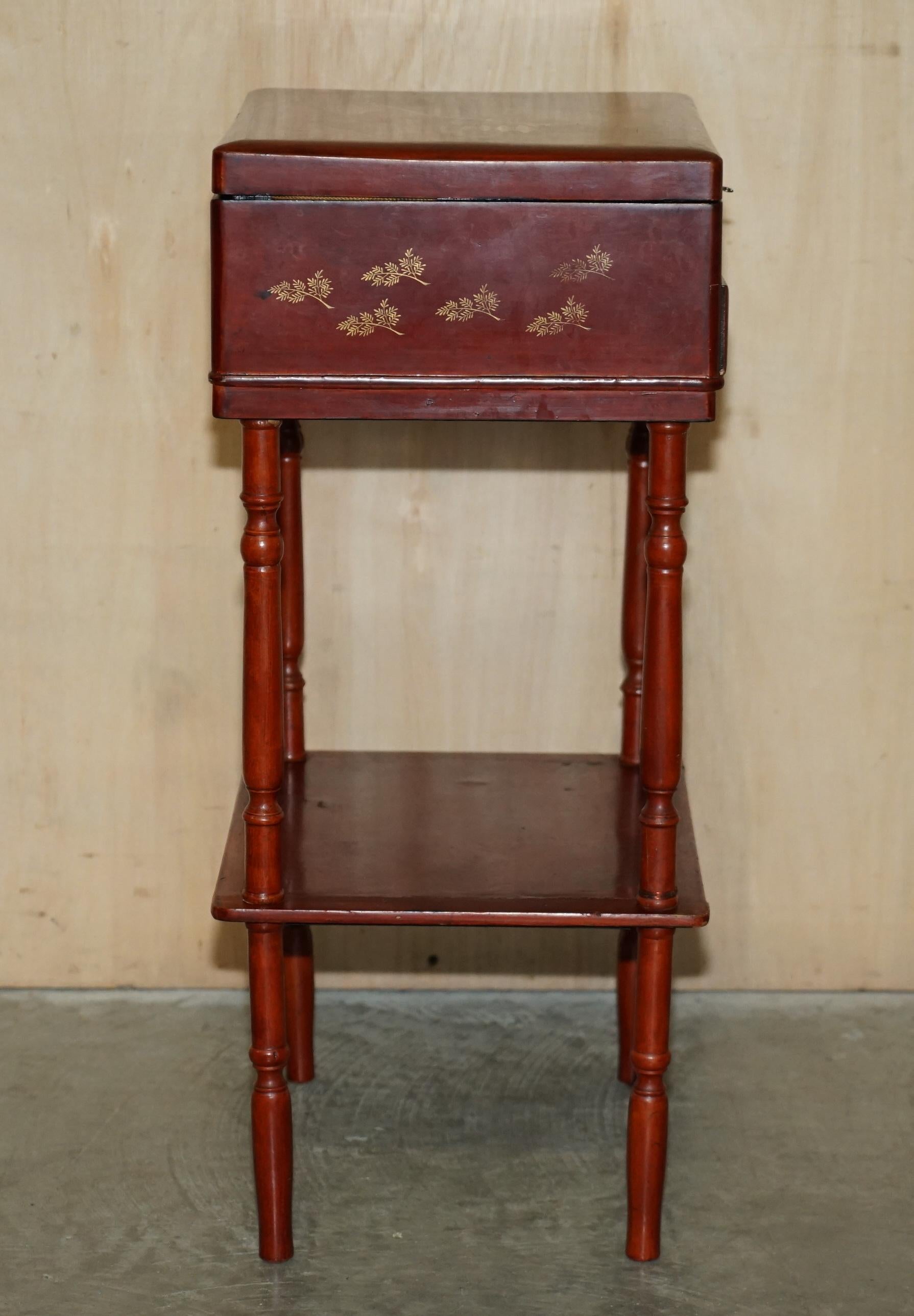 Anglo Japanese Red Lacquer Sewing Table with Famboo Legs with Fitted Interior For Sale 3