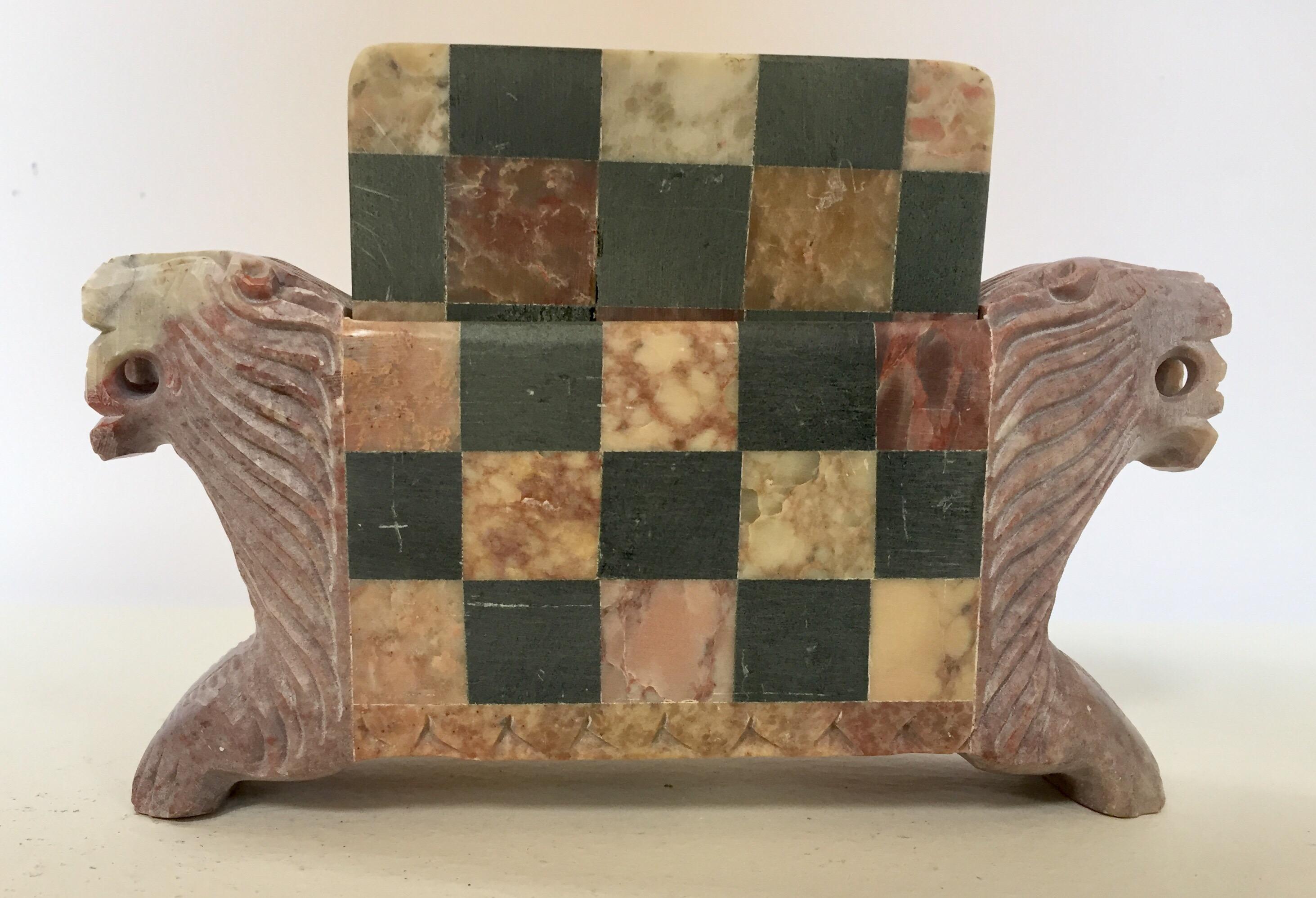 Anglo-Persian lion’s natural stone marble coasters set with checker design.
A beautiful set of handmade six marble square coasters, circa 1970s.
Marble is polished smooth with colors that include light pink and blue and sand.
Each coaster