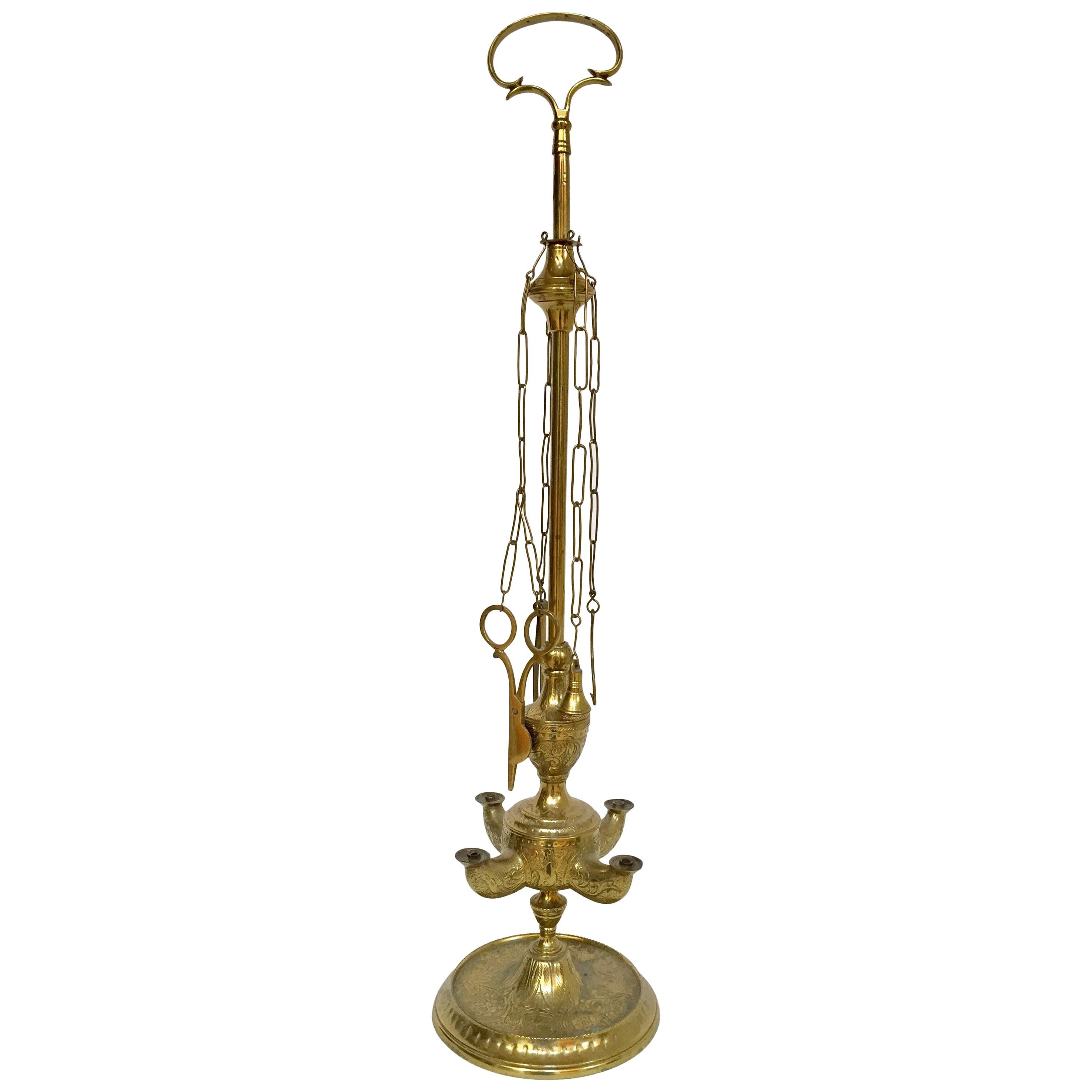 Italian Cast Brass Four Burner Lucerne Oil Lamp Antique 1850 For Sale