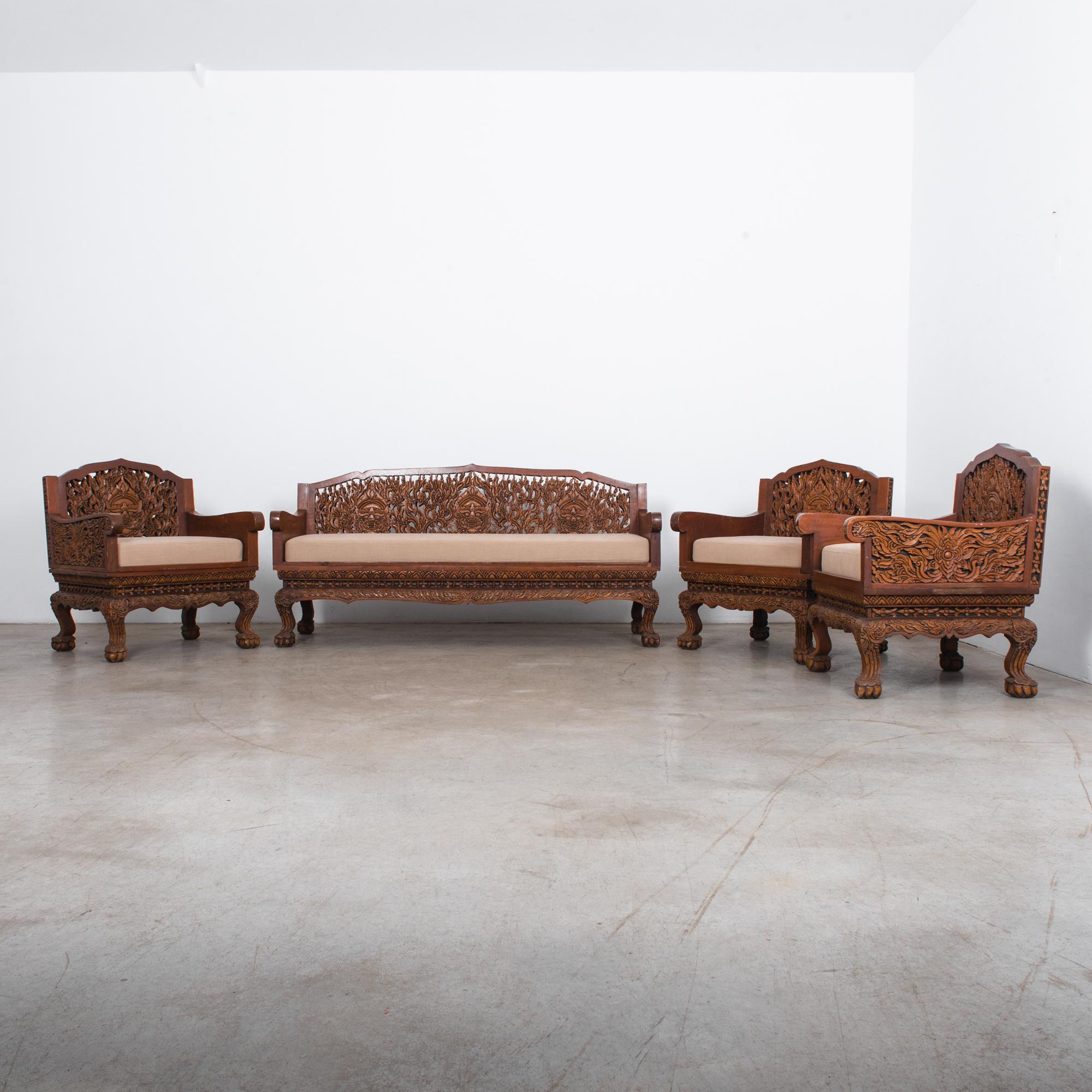 Anglo Raj Carved Rosewood Sofa Set, Set of 4 1