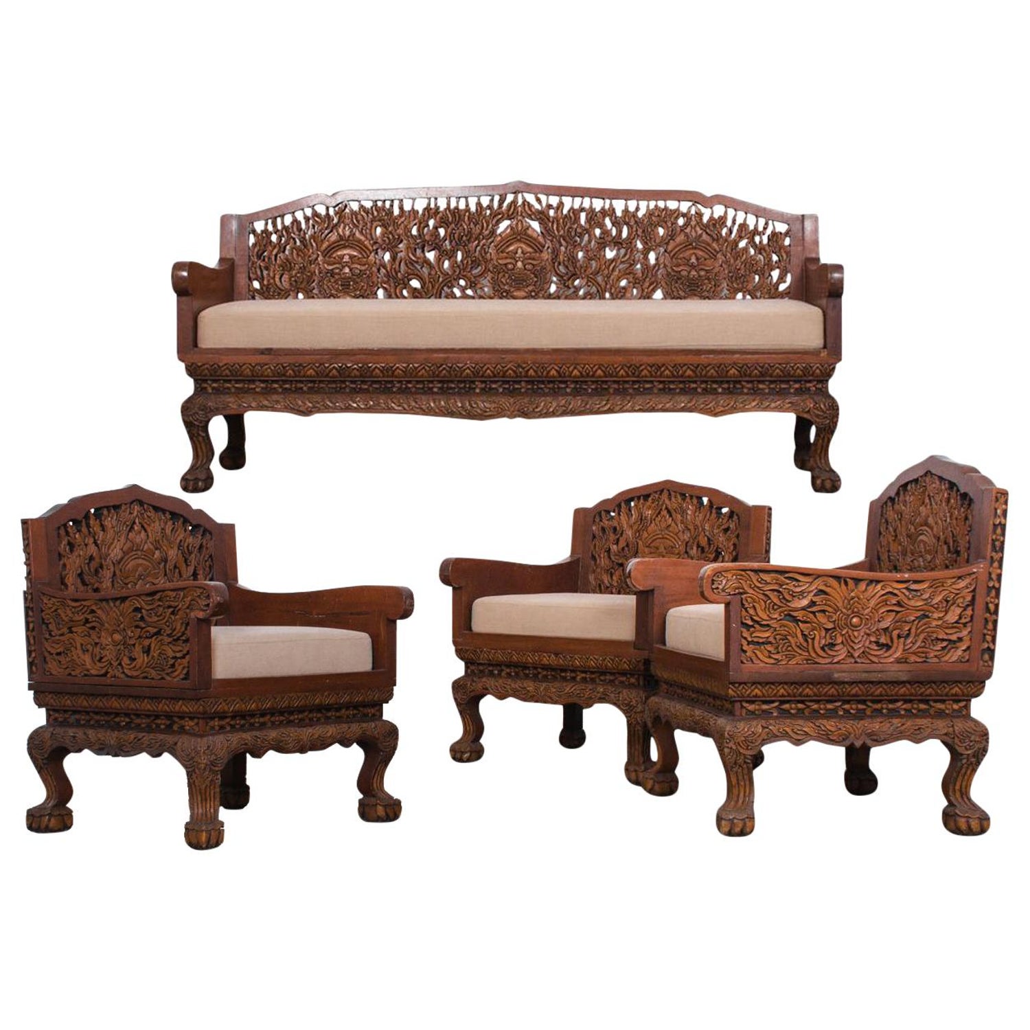 Anglo Raj Carved Rosewood Sofa Set, Set of 4 For Sale at 1stDibs