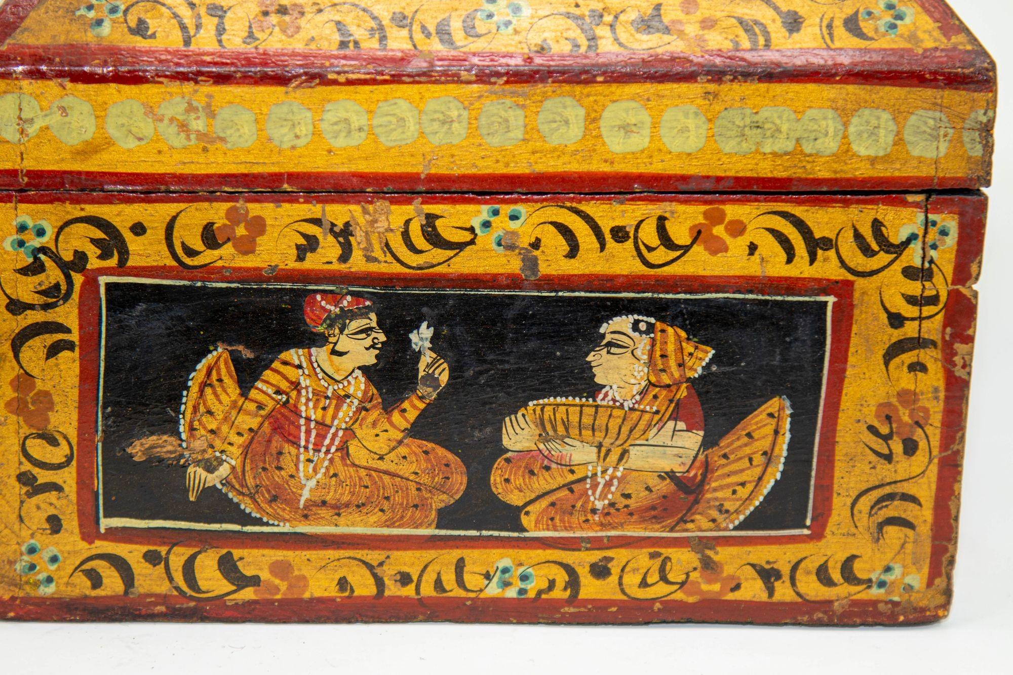 Anglo Raj Hand Painted Jewellery Wood Box 1920s For Sale 4